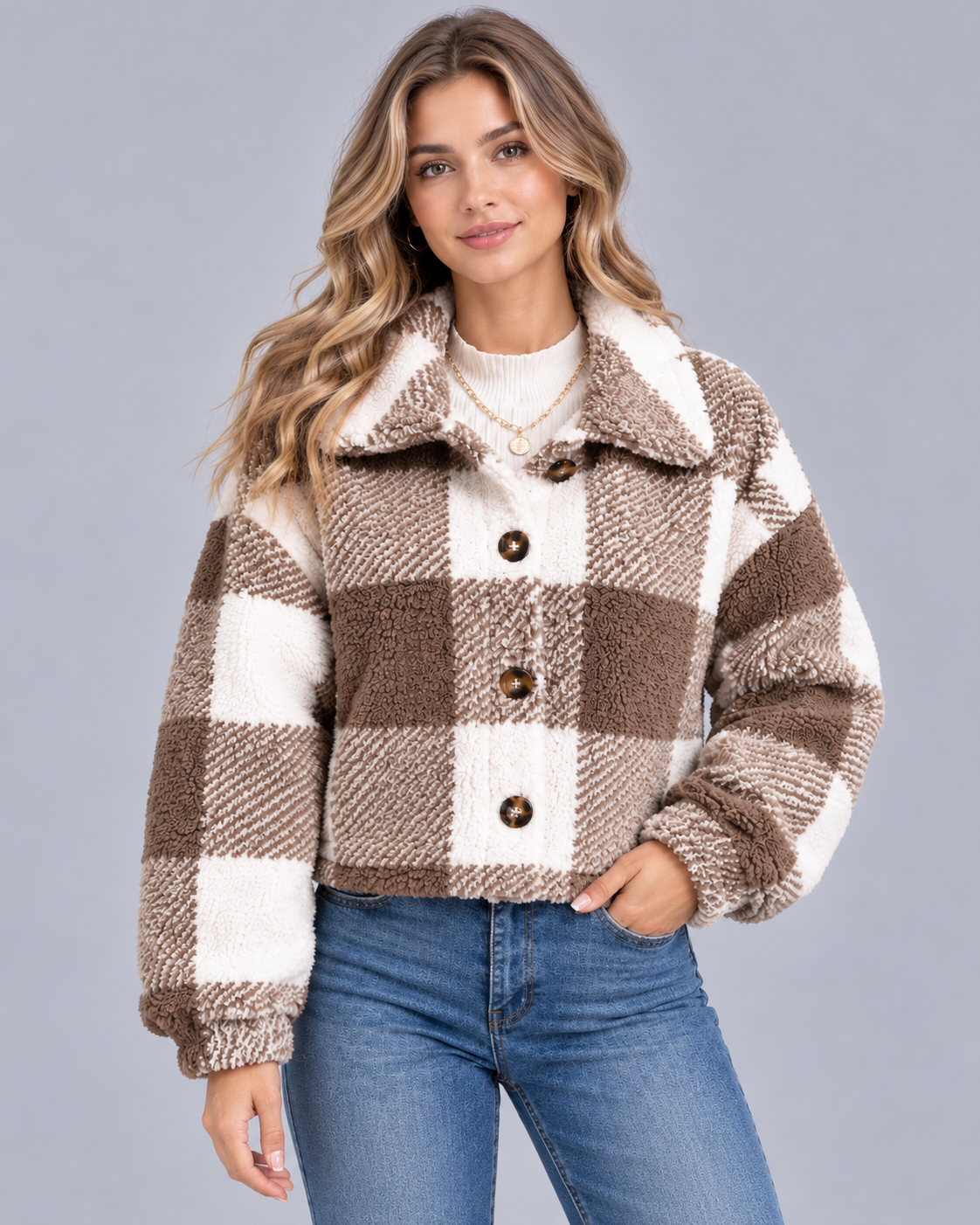 Women's Teddy Fleece Jacket – Subtle Check