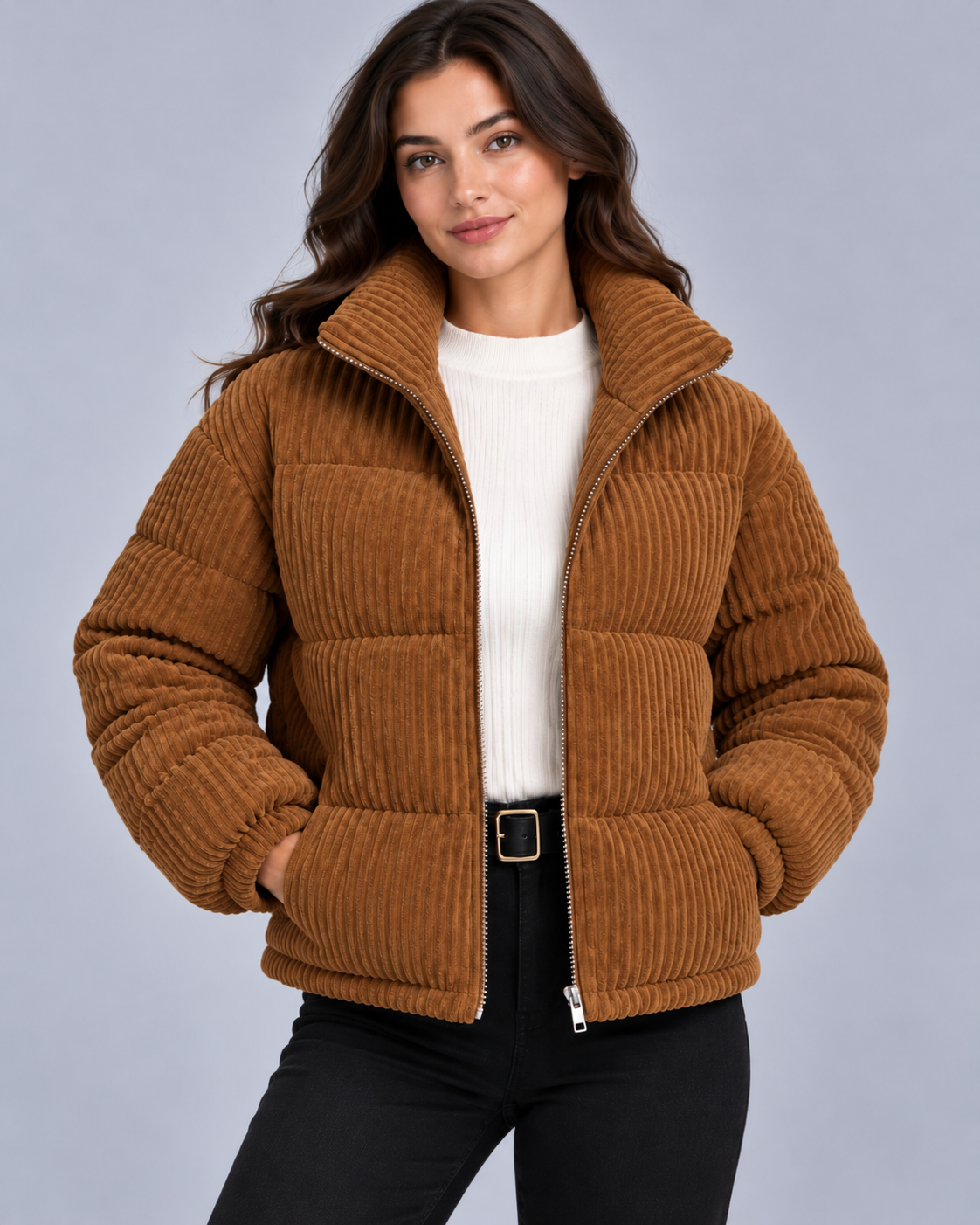 Women's Corduroy Puffer Jacket – Funnel Neck, Quilted