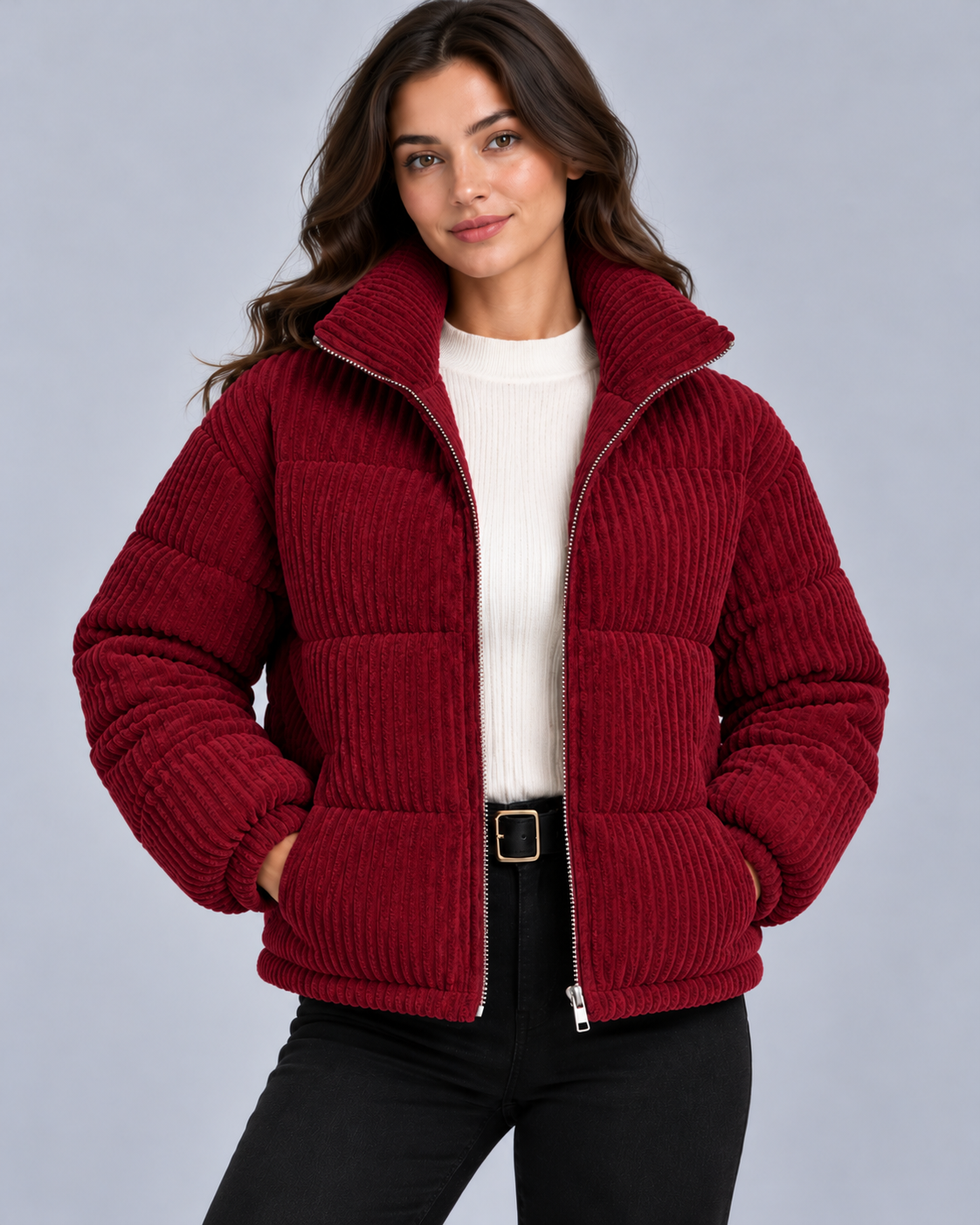 Women's Corduroy Puffer Jacket – Funnel Neck, Quilted