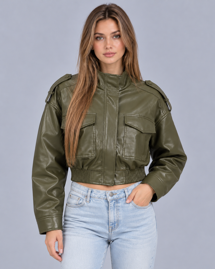 Women's Cropped Faux Leather Bomber Jacket – Front Pockets