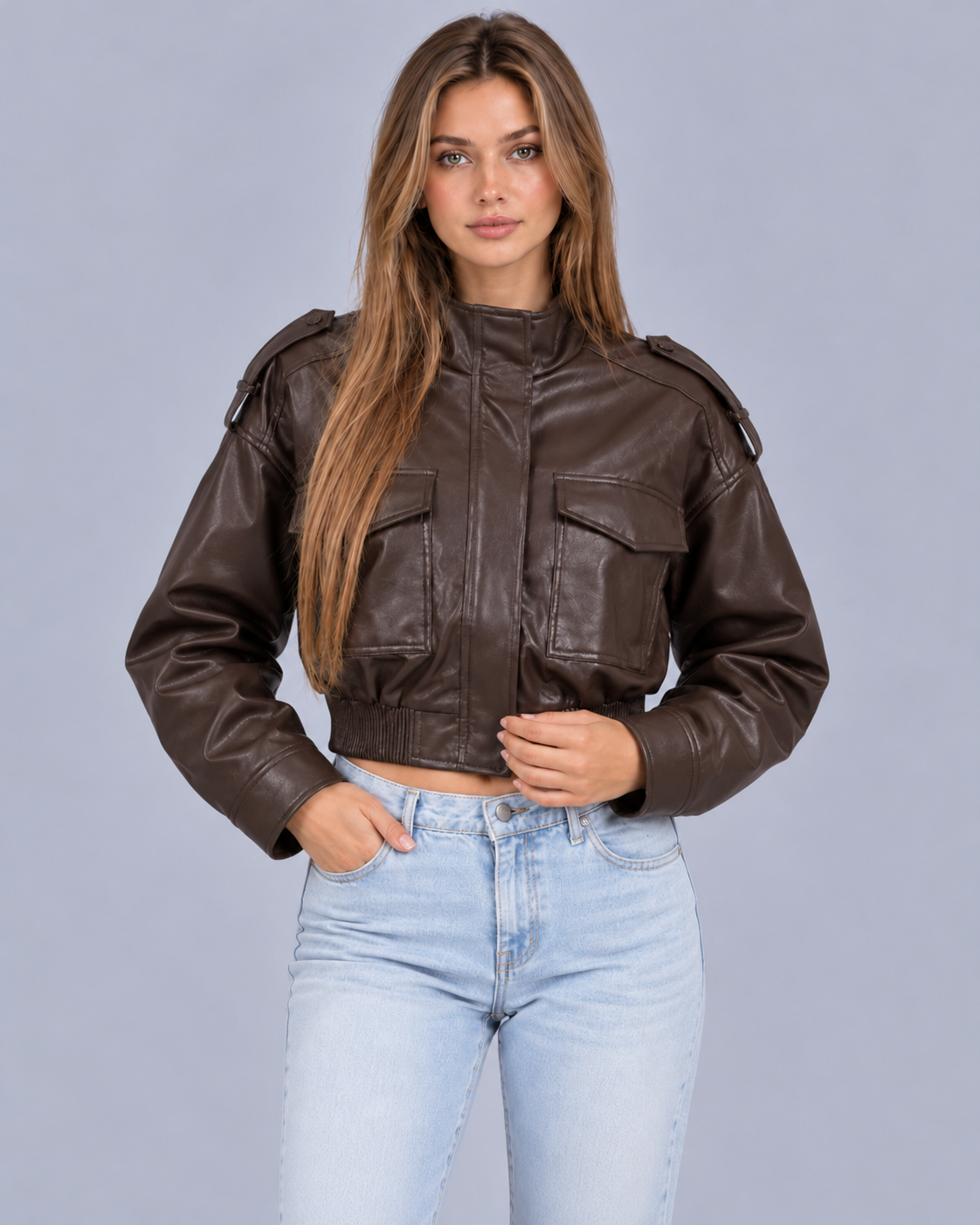 Women's Cropped Faux Leather Bomber Jacket – Front Pockets