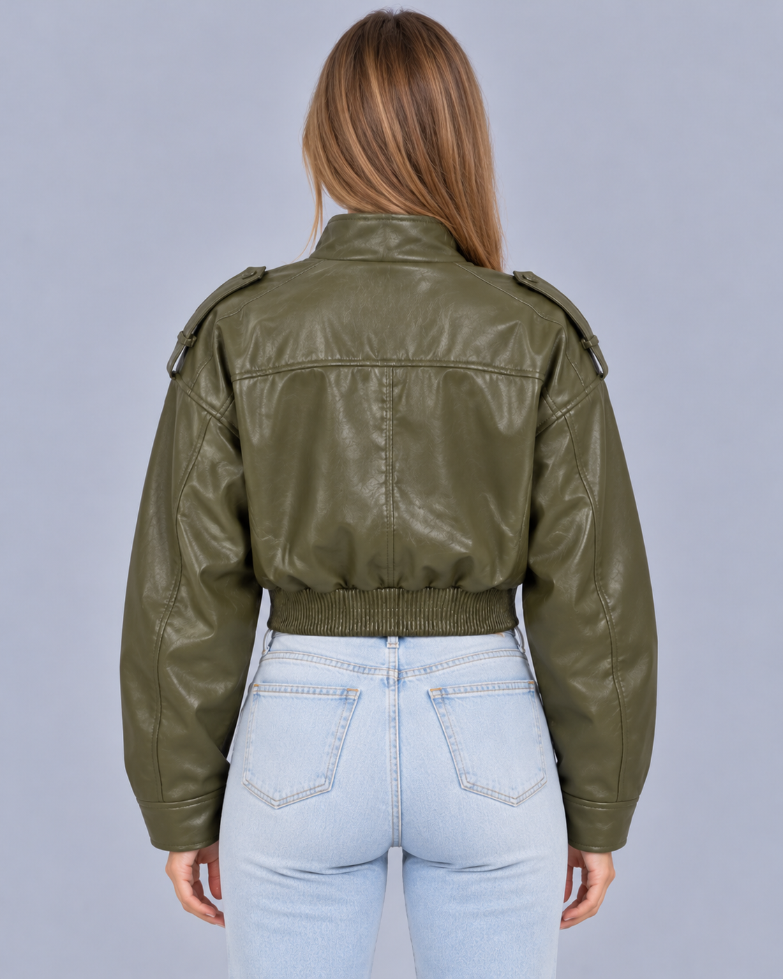 Women's Cropped Faux Leather Bomber Jacket – Front Pockets