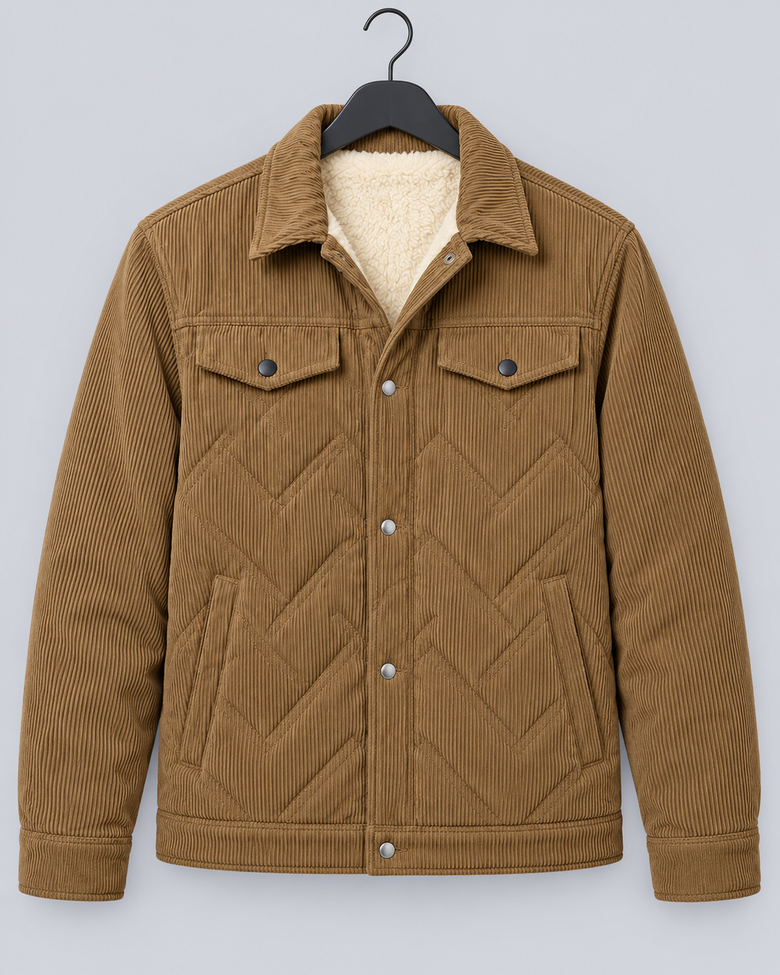 Men's Corduroy Padded Jacket | Coat with Snap-Button Closure
