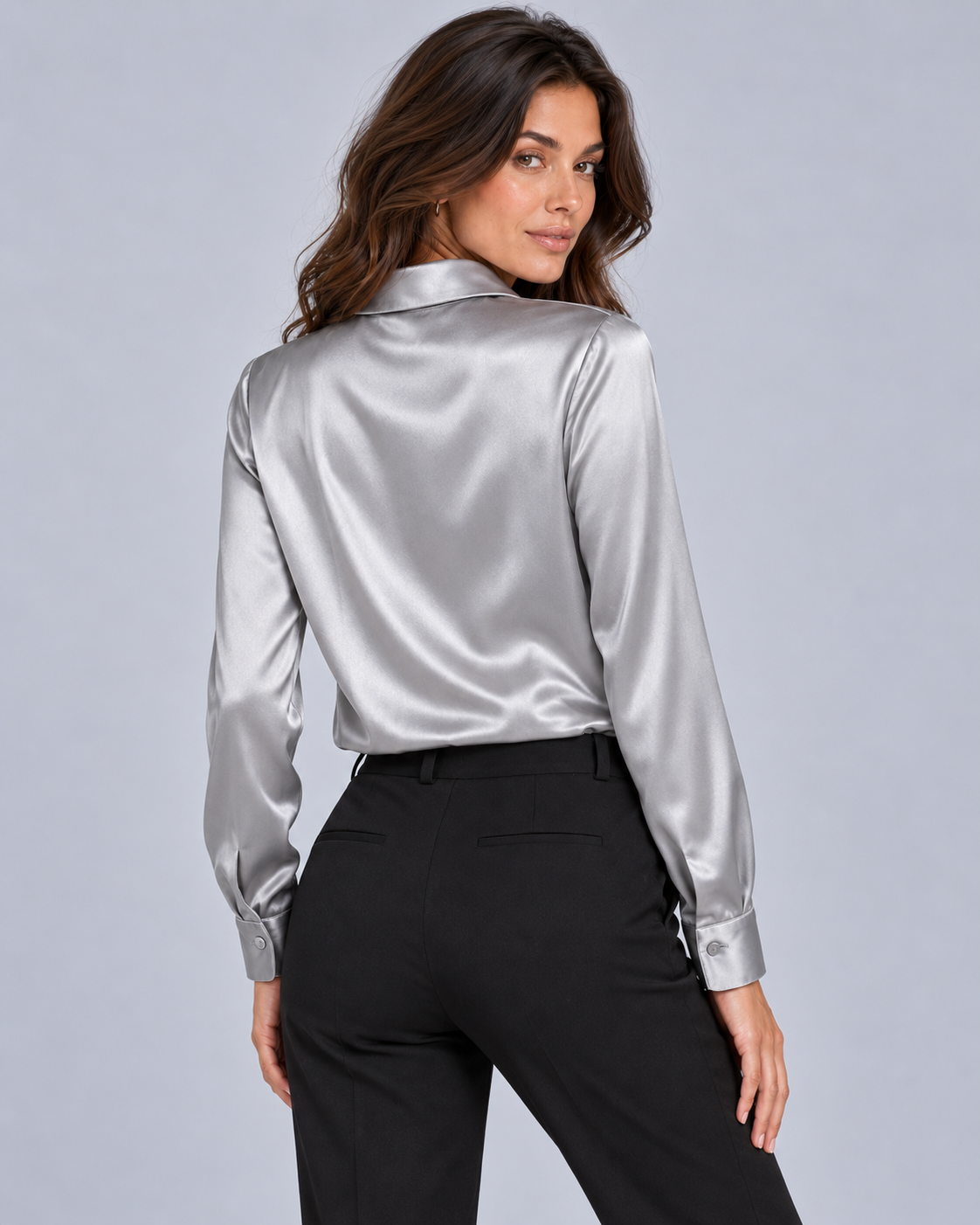 Women's Satin Blouse – Cowl Neck Long-Sleeve Top with Shirt Collar, Relaxed Fit