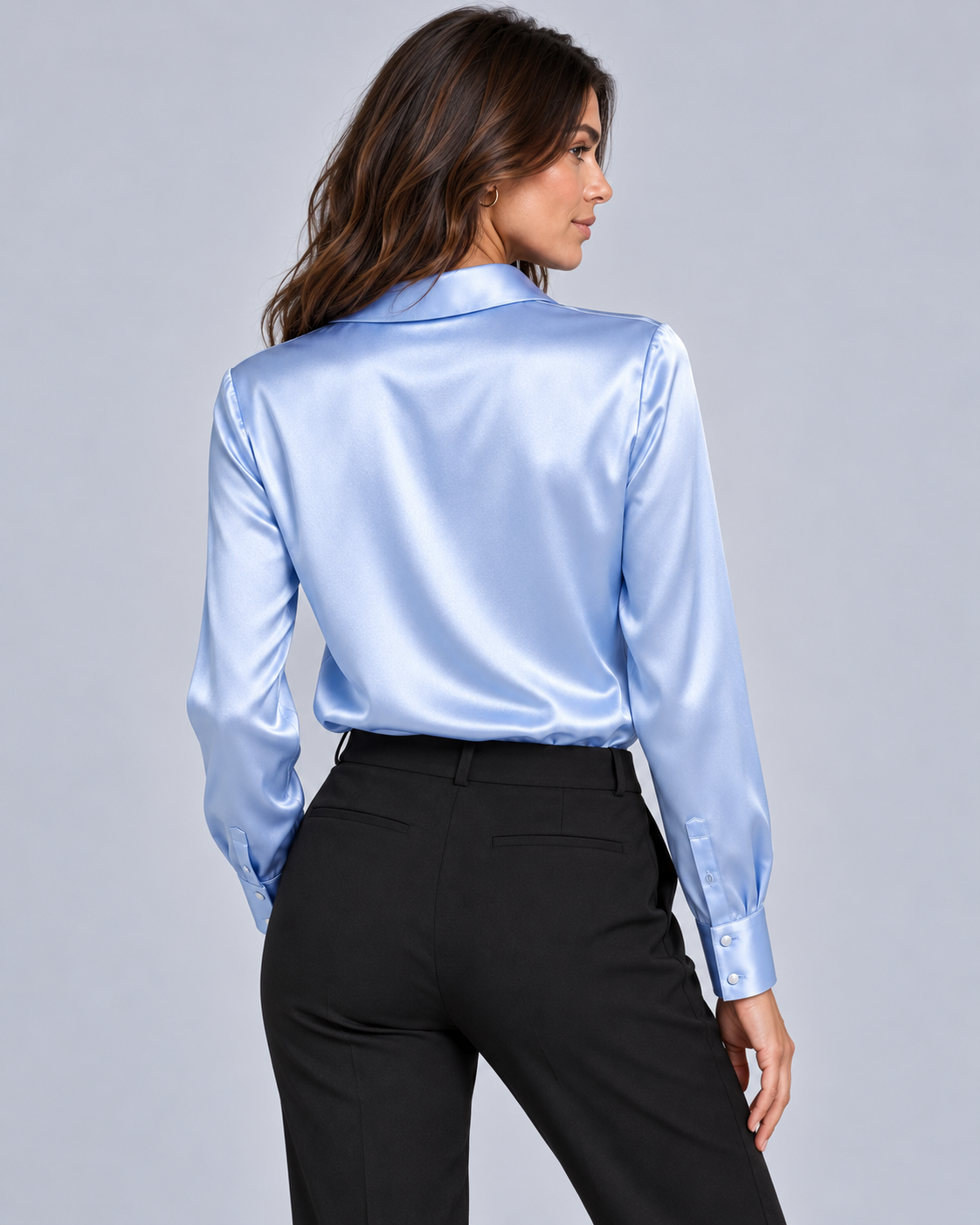 Women's Satin Blouse – Cowl Neck Long-Sleeve Top with Shirt Collar, Relaxed Fit