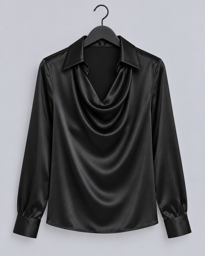 Women's Satin Blouse – Cowl Neck Long-Sleeve Top with Shirt Collar, Relaxed Fit