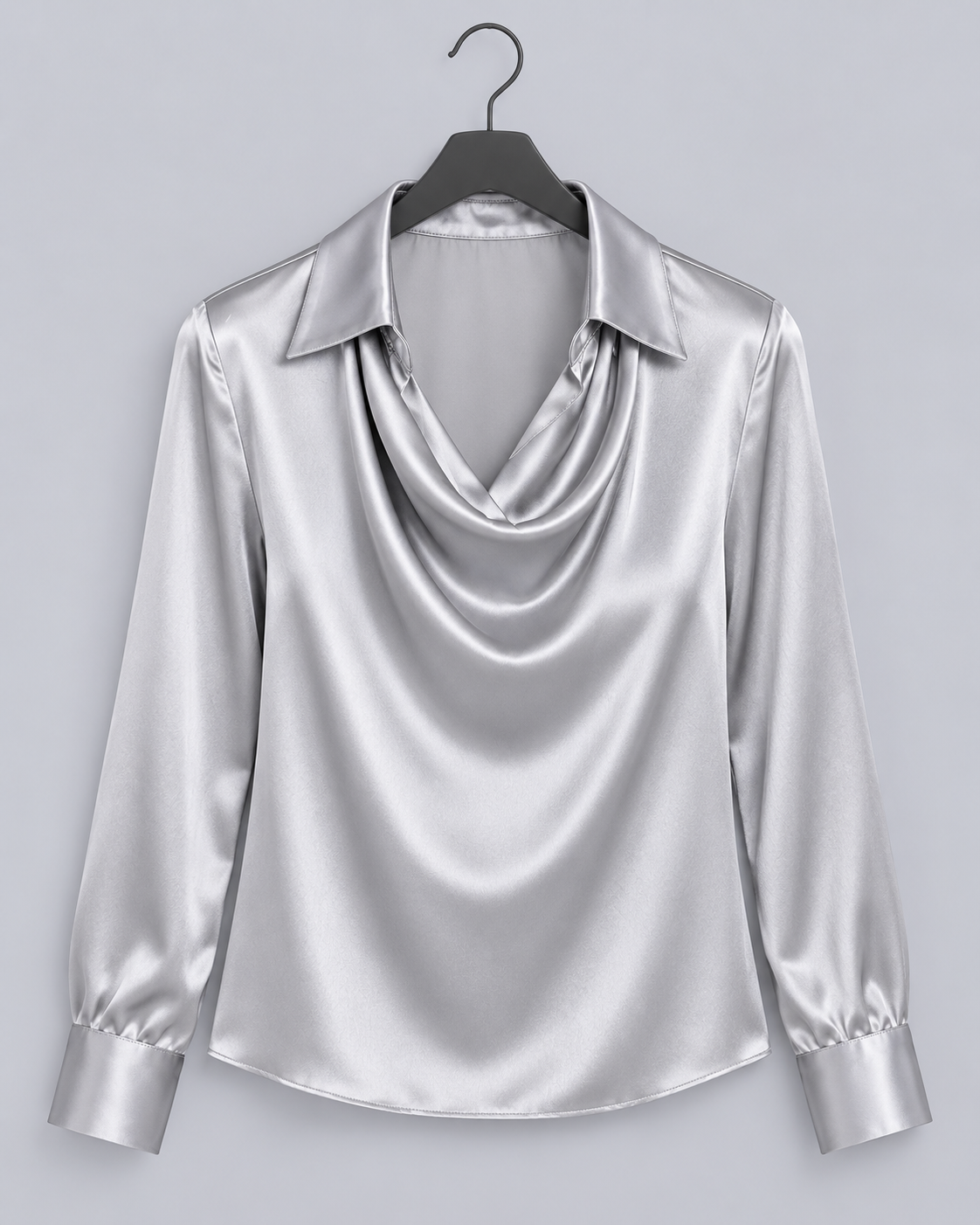 Women's Satin Blouse – Cowl Neck Long-Sleeve Top with Shirt Collar, Relaxed Fit