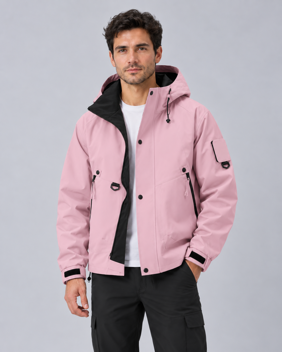 Men's Waterproof Jacket with Hood – Lightweight Rain Jacket, Zip & Press-Stud Front, Relaxed Fit