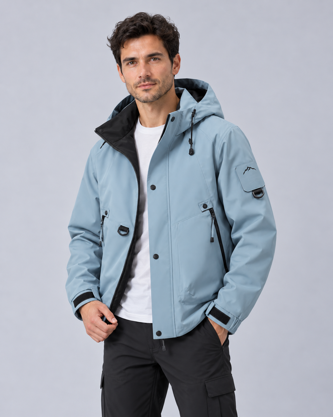 Men's Waterproof Jacket with Hood – Lightweight Rain Jacket, Zip & Press-Stud Front, Relaxed Fit