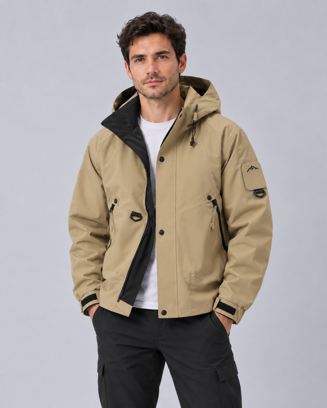 Men's Waterproof Jacket with Hood – Lightweight Rain Jacket, Zip & Press-Stud Front, Relaxed Fit