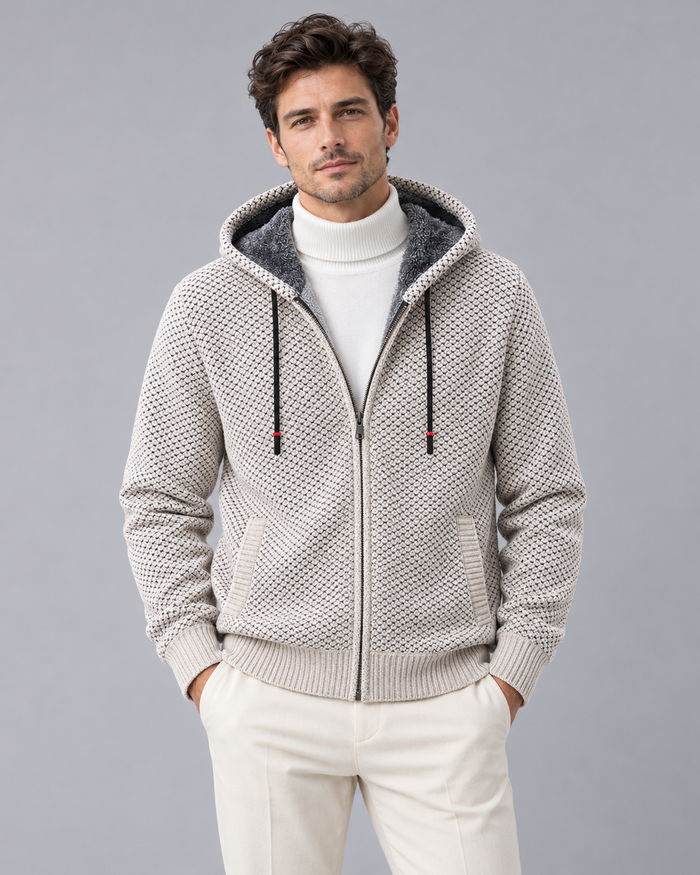 Men's Fleece Lined Hoodie – Knitted Zip-Up Hoodie with Textured Knit and Drawcord Hood, Relaxed Fit
