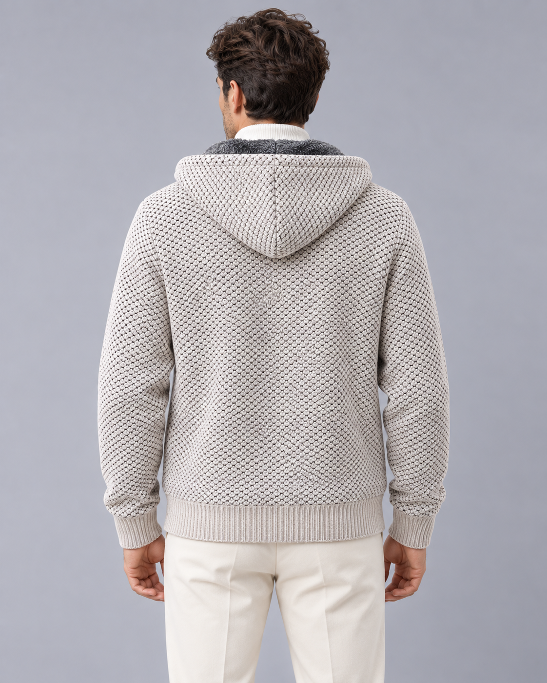 Men's Fleece Lined Hoodie – Knitted Zip-Up Hoodie with Textured Knit and Drawcord Hood, Relaxed Fit