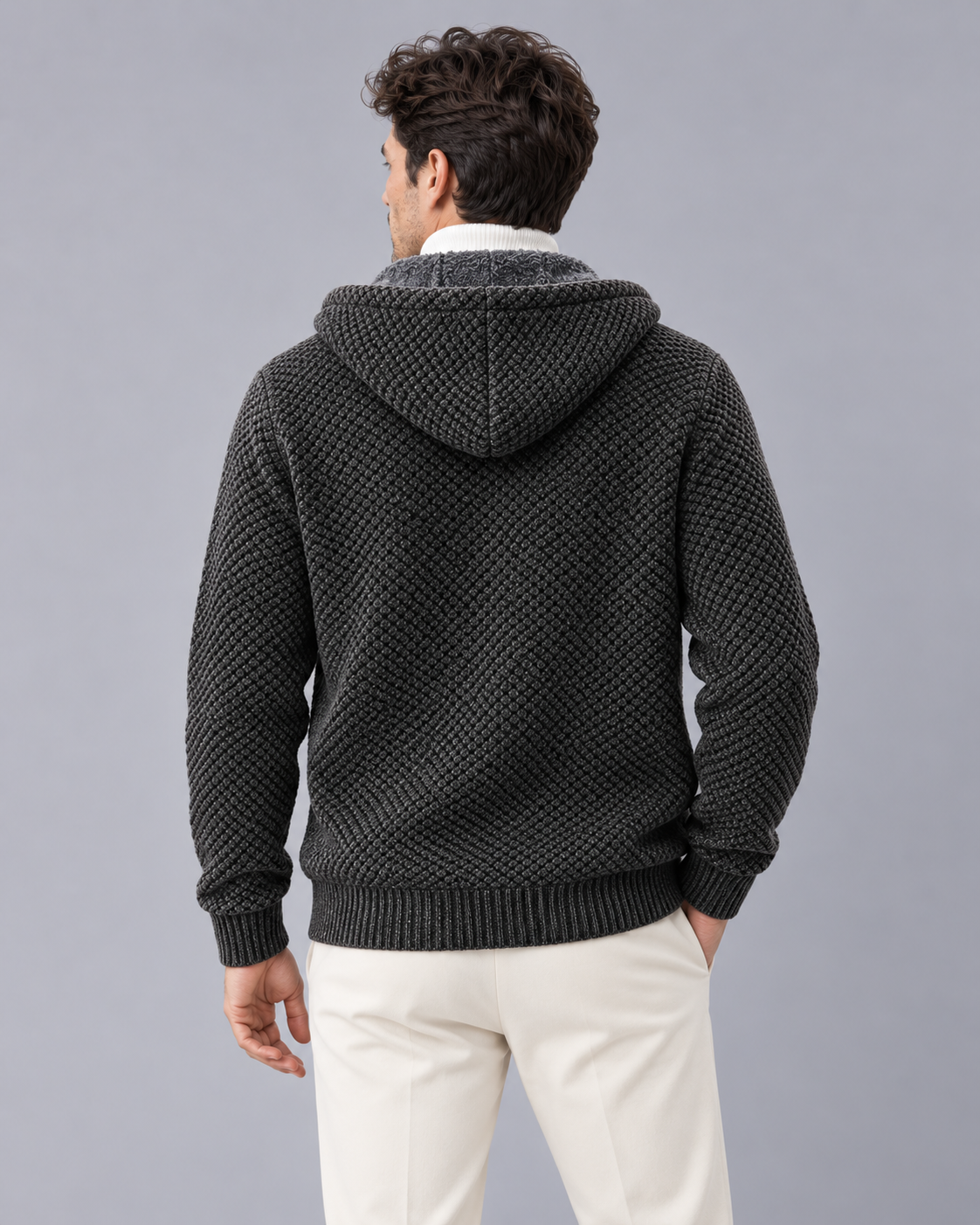 Men's Fleece Lined Hoodie – Knitted Zip-Up Hoodie with Textured Knit and Drawcord Hood, Relaxed Fit