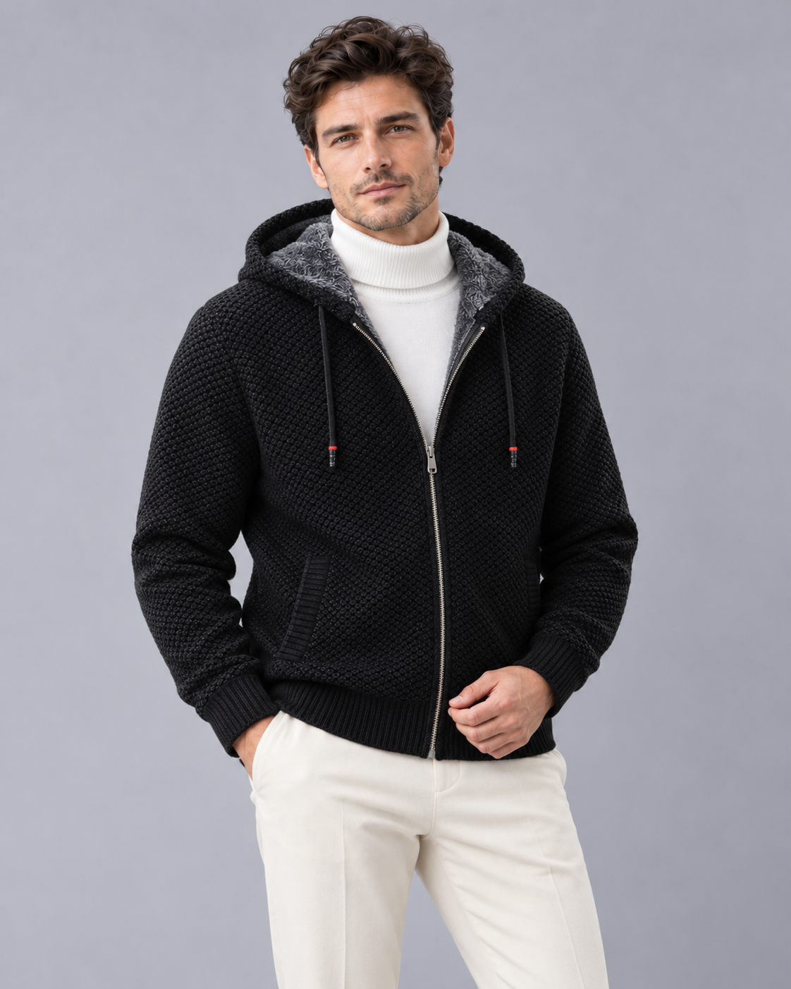 Men's Fleece Lined Hoodie – Knitted Zip-Up Hoodie with Textured Knit and Drawcord Hood, Relaxed Fit