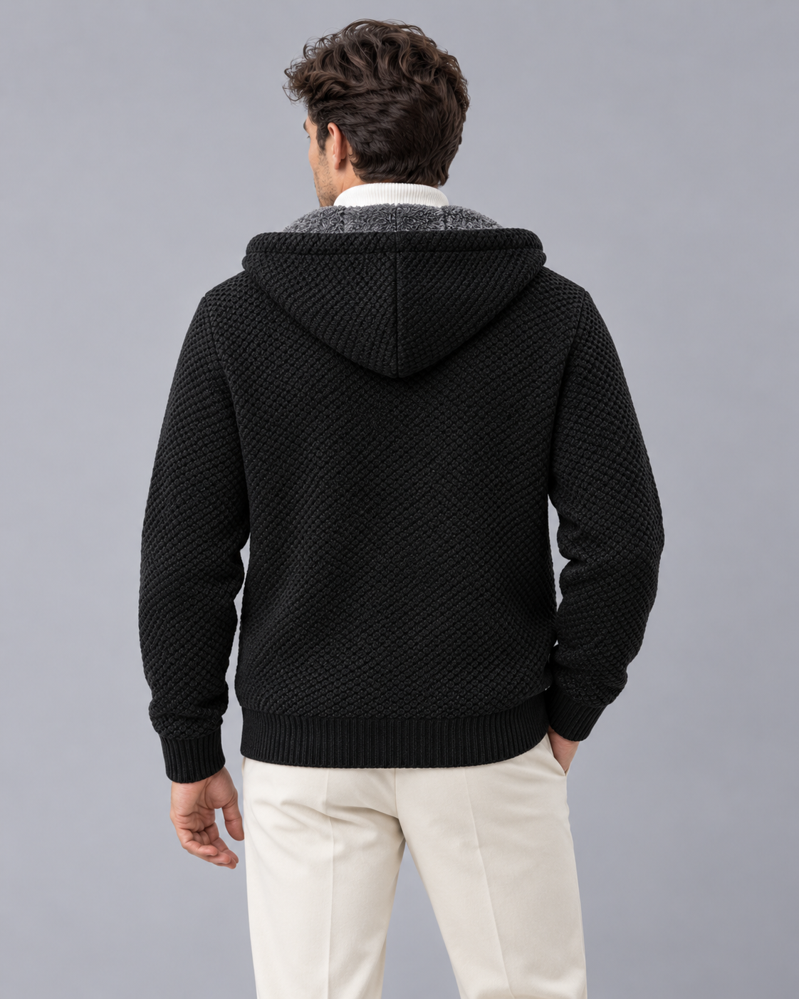 Men's Fleece Lined Hoodie – Knitted Zip-Up Hoodie with Textured Knit and Drawcord Hood, Relaxed Fit