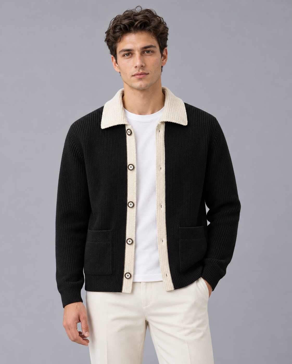 Men's Knitted Cardigan with Collar – Ribbed Knit, Button Front, Patch Pockets, Relaxed Fit