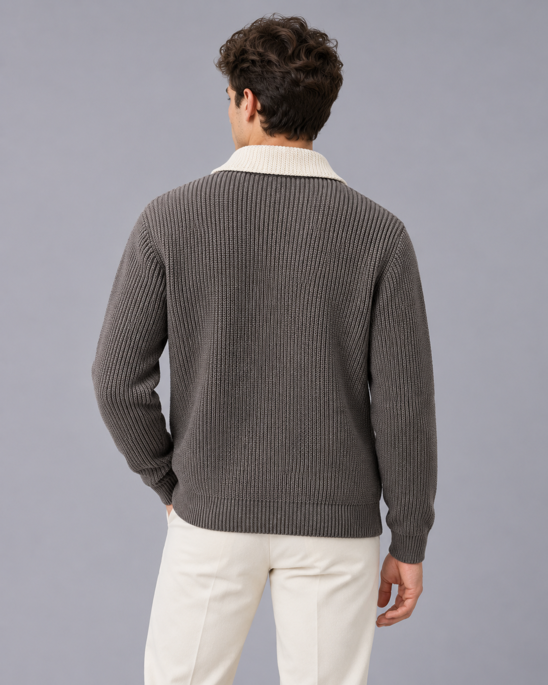Men's Knitted Cardigan with Collar – Ribbed Knit, Button Front, Patch Pockets, Relaxed Fit