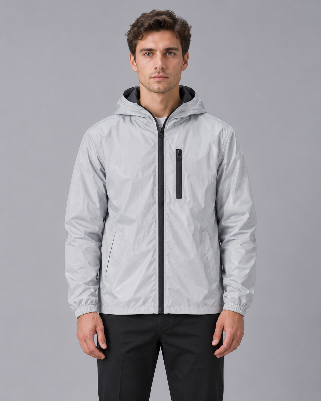 Men's Reflective Rain Jacket with Hood – Lightweight Waterproof Jacket in Silver Grey