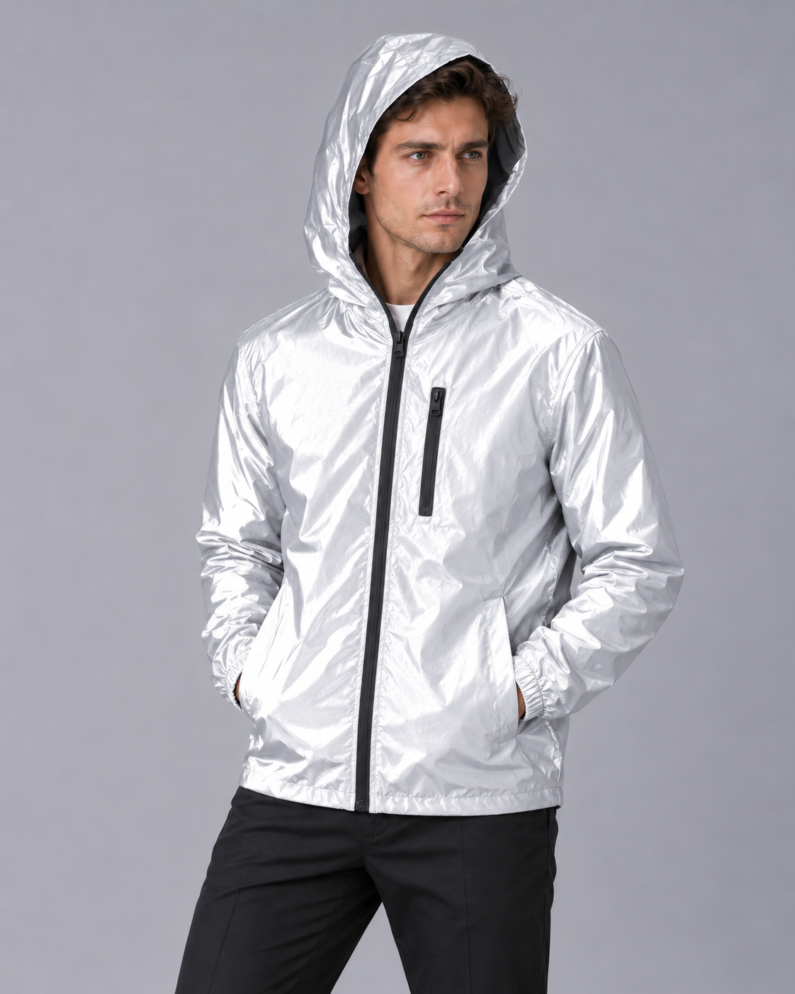 Men's Reflective Rain Jacket with Hood – Lightweight Waterproof Jacket in Silver Grey