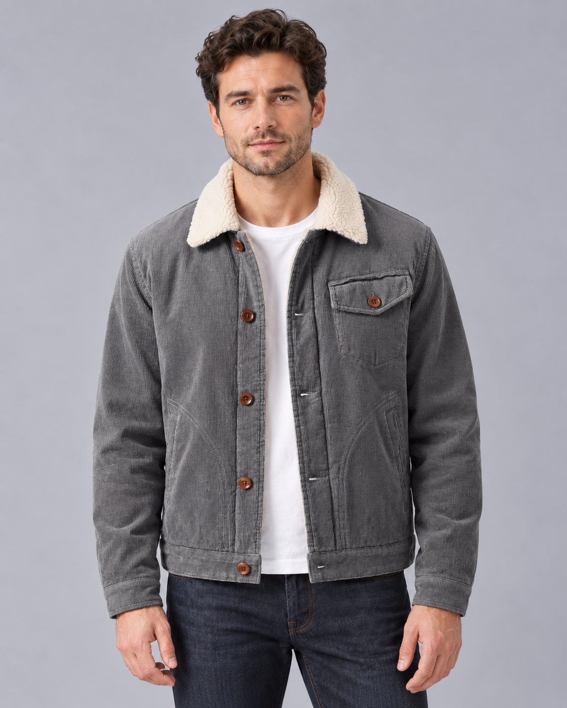 Men's Corduroy Sherpa Lined Jacket – Trucker Jacket with Fleece Collar and Chest Pocket