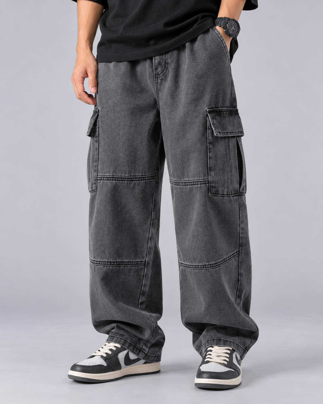 Men's Baggy Cargo Jeans – Heavyweight Cotton Denim, Wide Leg with Flap Cargo Pockets, Washed Finish