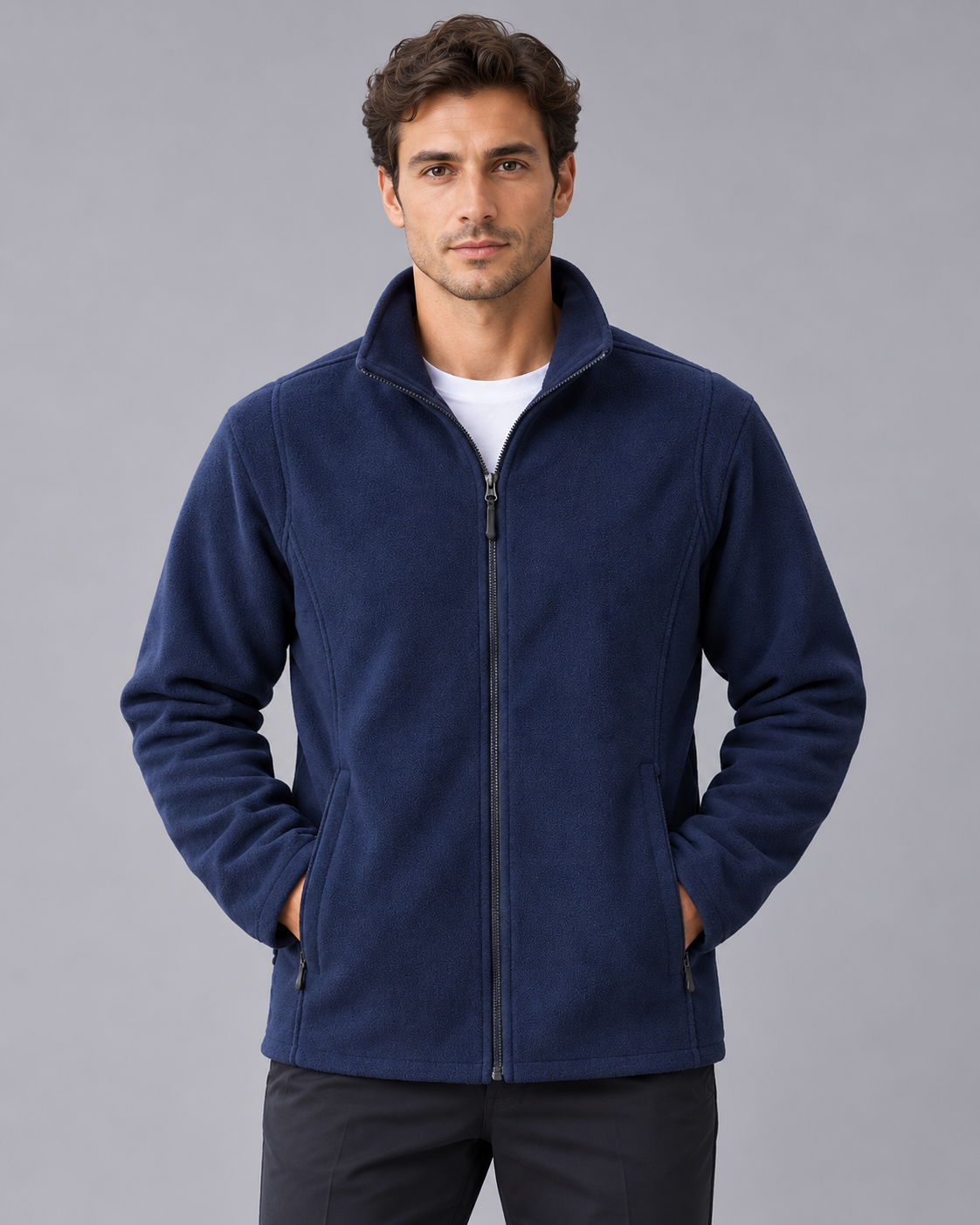 Men's Full Zip Fleece Jacket in Polar Fleece – Stand Collar, Two Zipped Hand Pockets