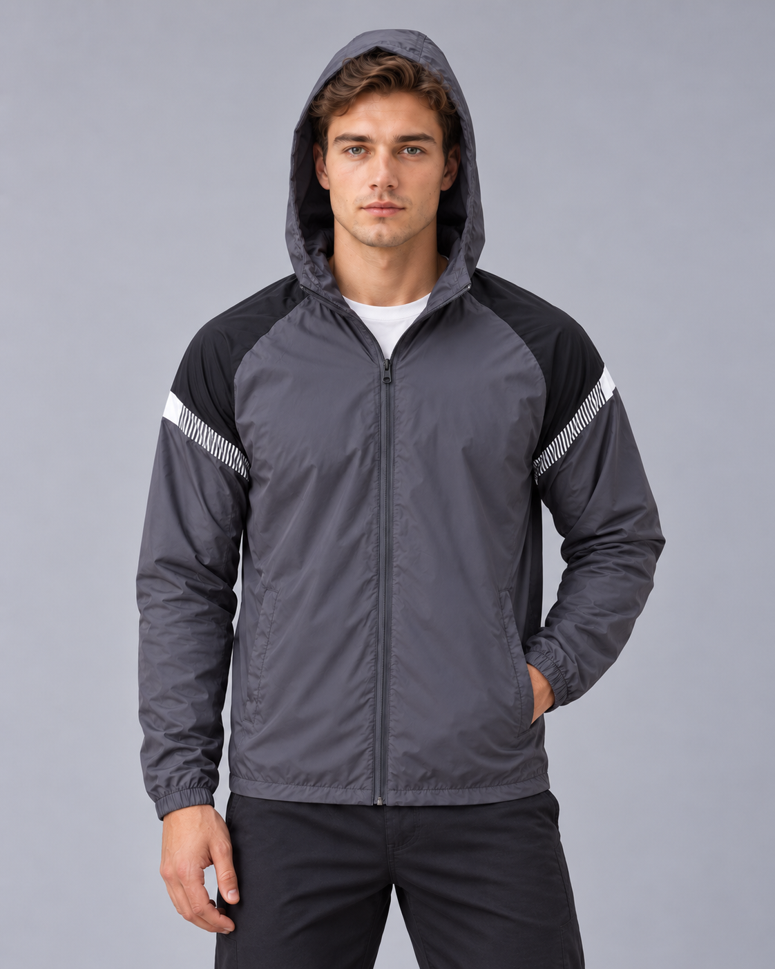 Men's Windbreaker Jacket with Hood – Full Zip, Contrast Shoulder Panels, Regular Fit