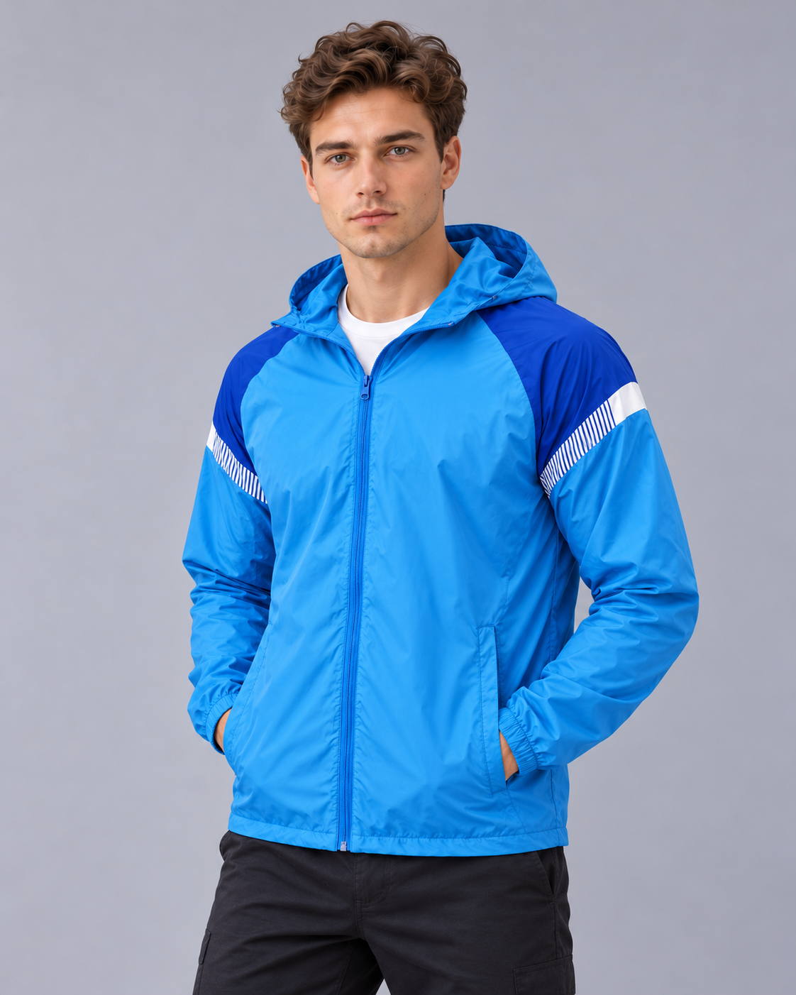 Men's Windbreaker Jacket with Hood – Full Zip, Contrast Shoulder Panels, Regular Fit