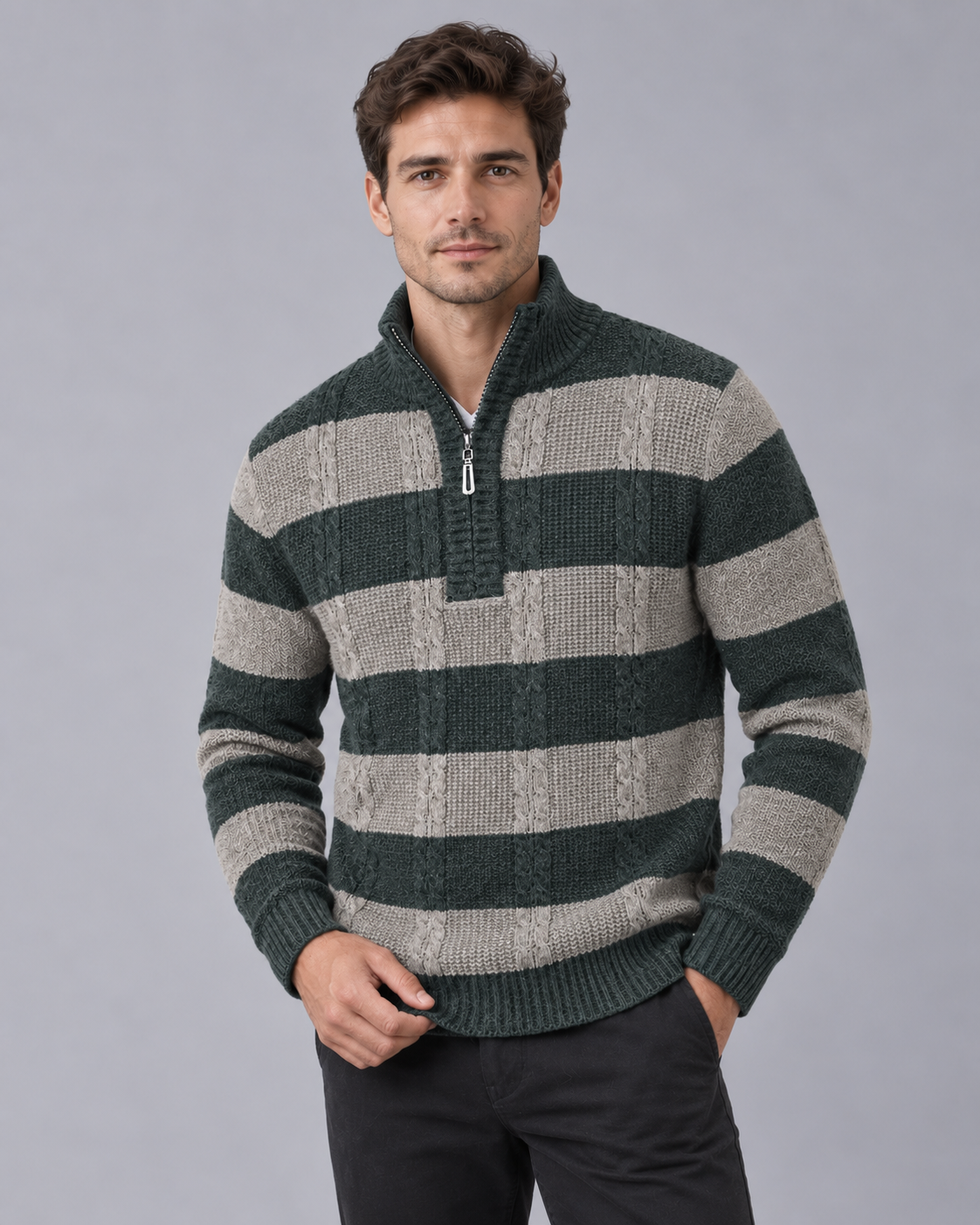 Men's Half Zip Jumper – Striped Cable Knit Jumper with Ribbed Stand Collar, Relaxed Fit