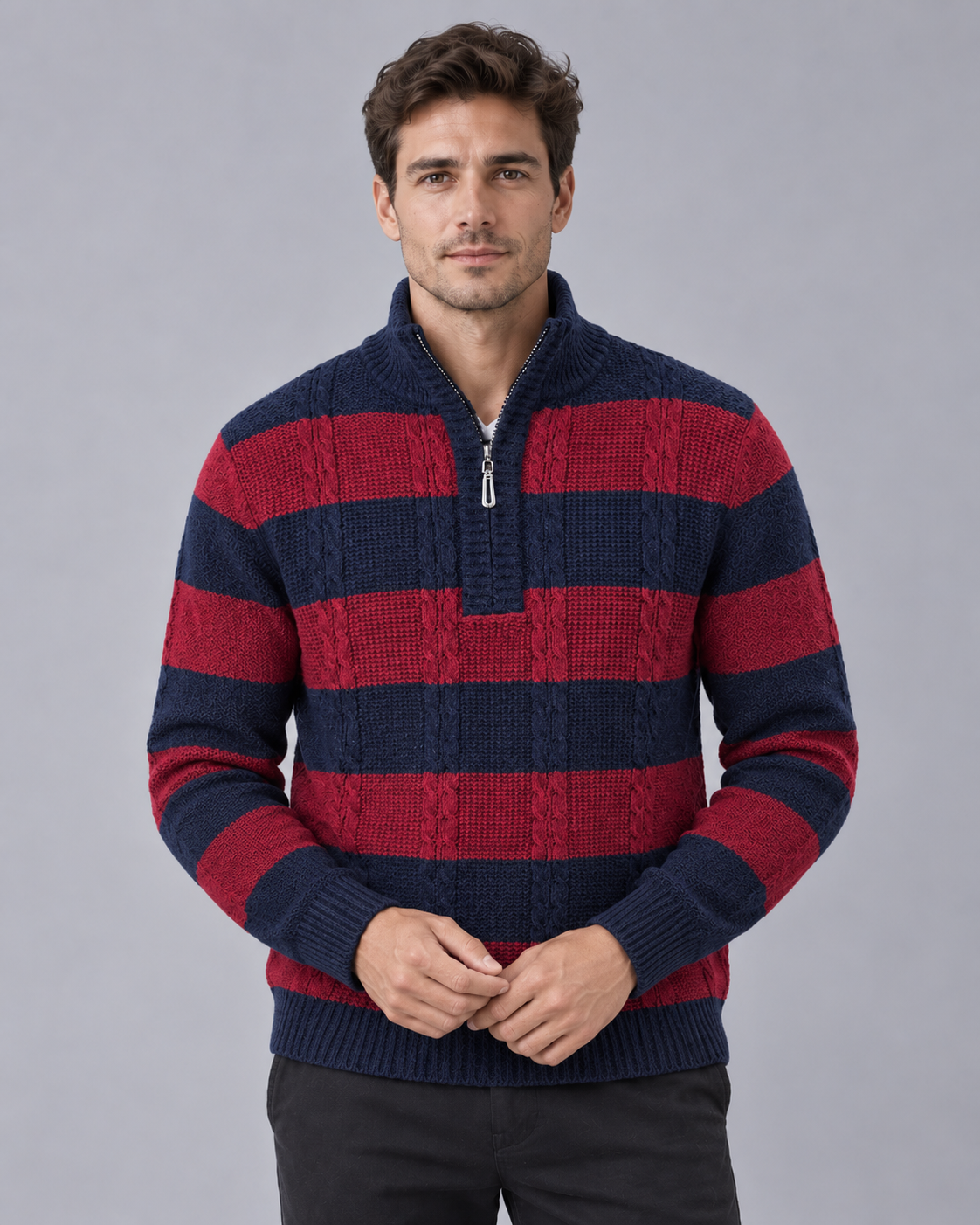Men's Half Zip Jumper – Striped Cable Knit Jumper with Ribbed Stand Collar, Relaxed Fit