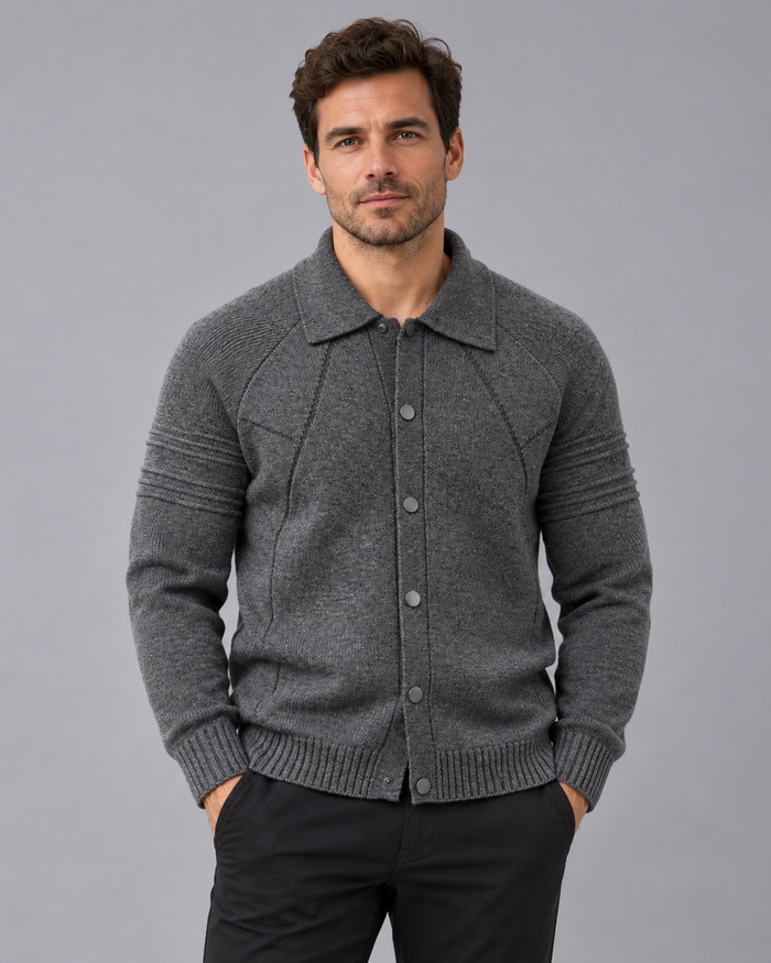 Men's Collared Cardigan – Knitted Cardigan with Snap-Button Front, Raglan Sleeves and Ribbed Cuffs