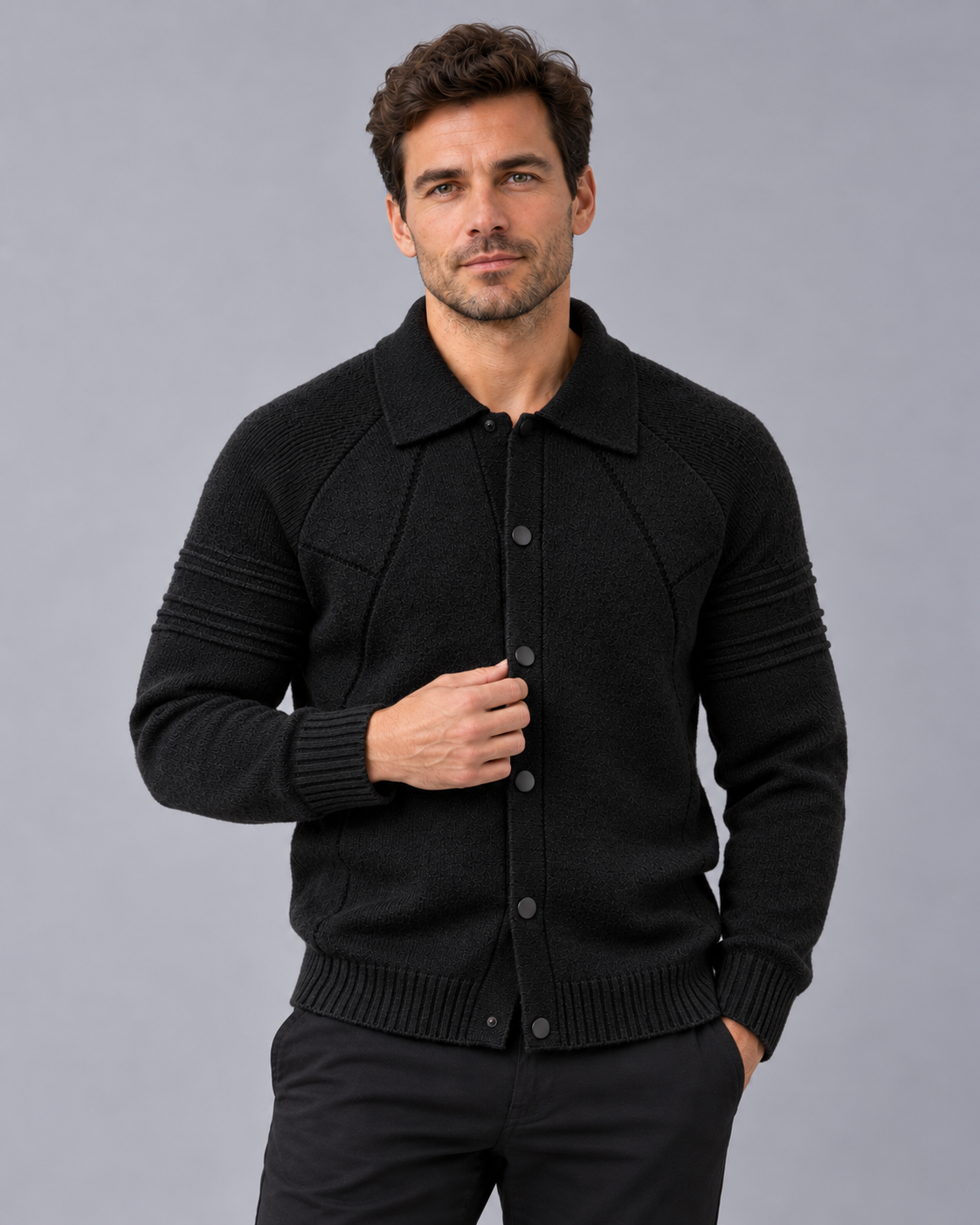 Men's Collared Cardigan – Knitted Cardigan with Snap-Button Front, Raglan Sleeves and Ribbed Cuffs