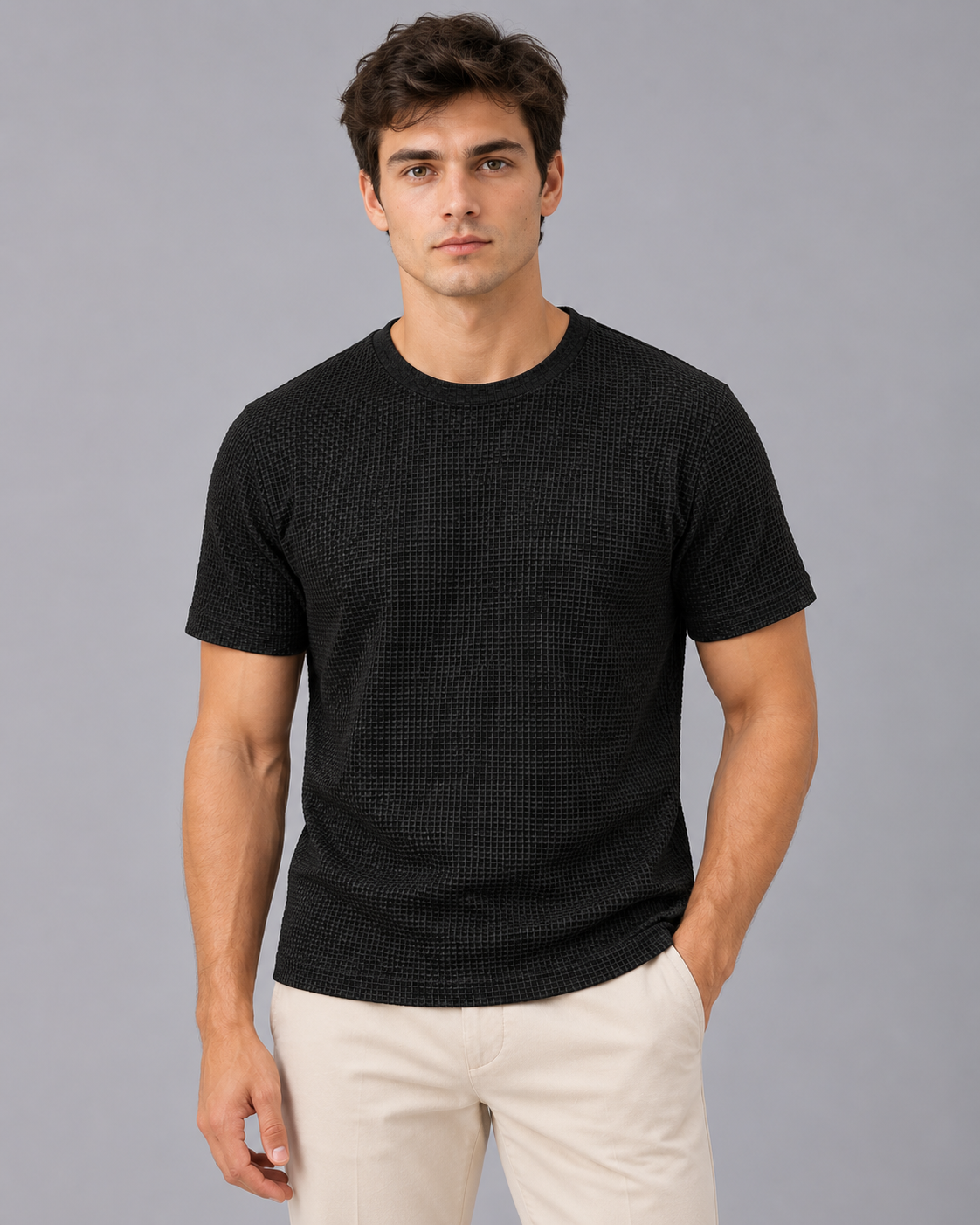 Men's Textured T-Shirt – Raised Basket-Weave Texture, Crew Neck, Short Sleeve