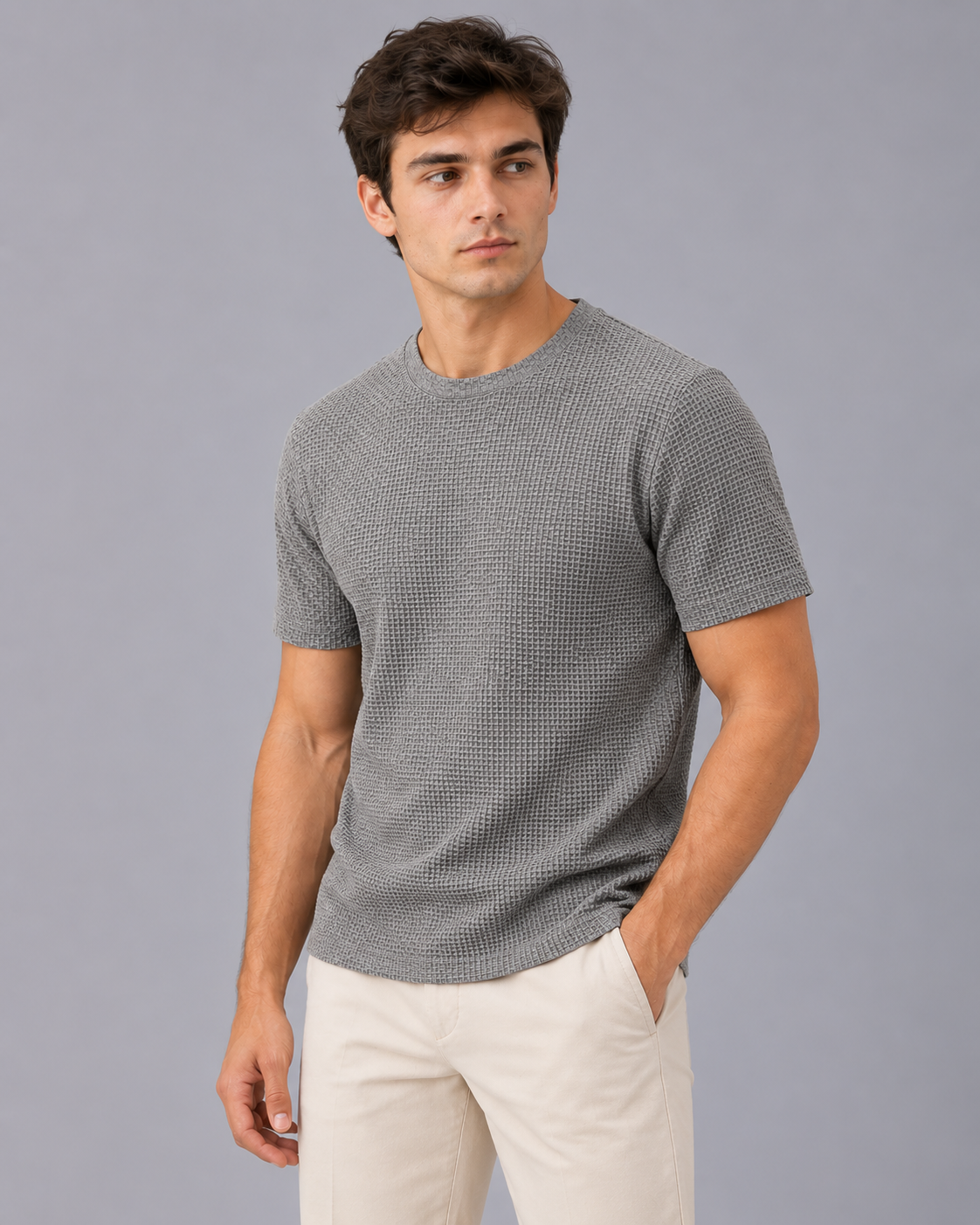 Men's Textured T-Shirt – Raised Basket-Weave Texture, Crew Neck, Short Sleeve