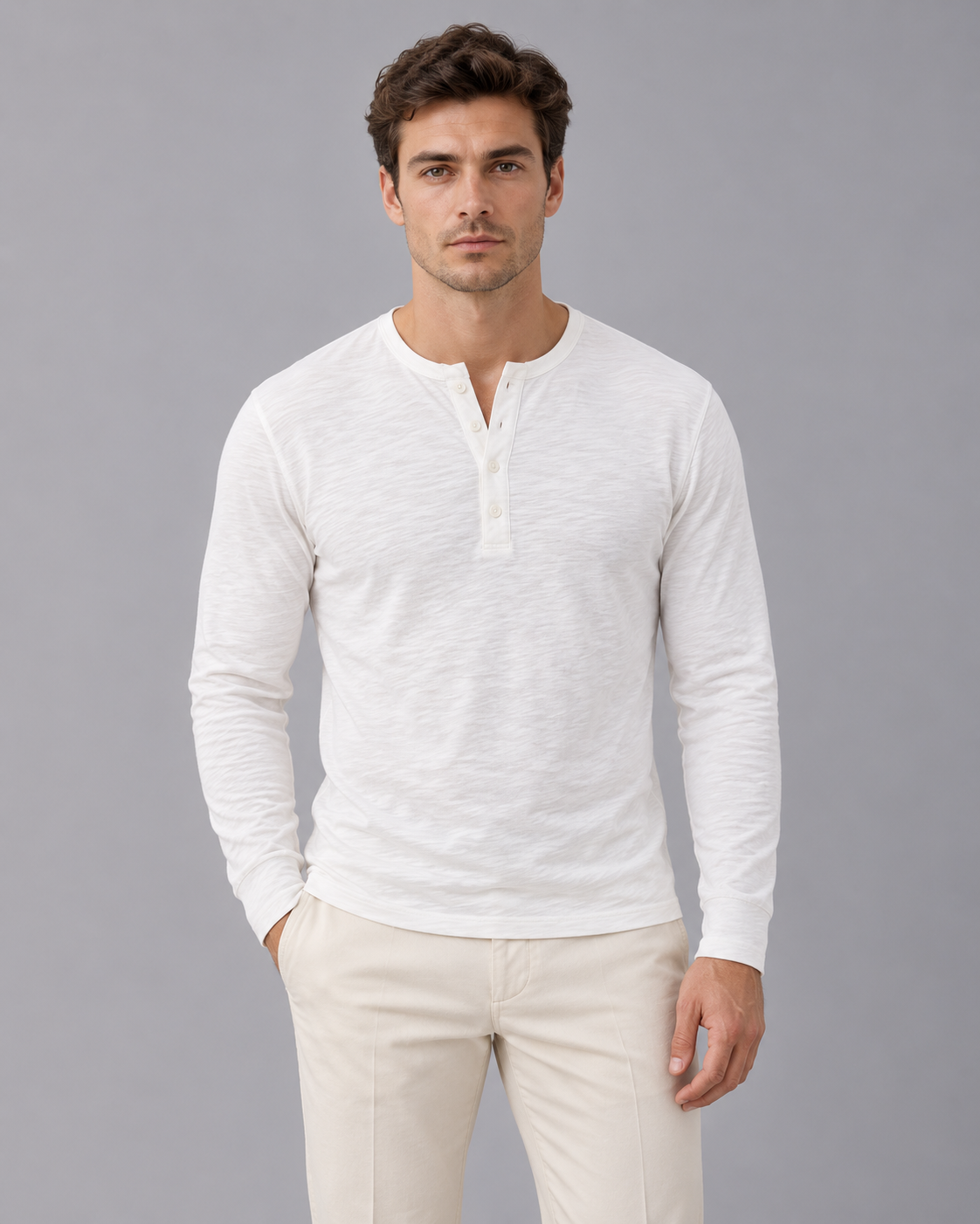 Men's Long Sleeve Henley Top in Cotton Blend – Slub Texture, Button Placket, Slim Fit