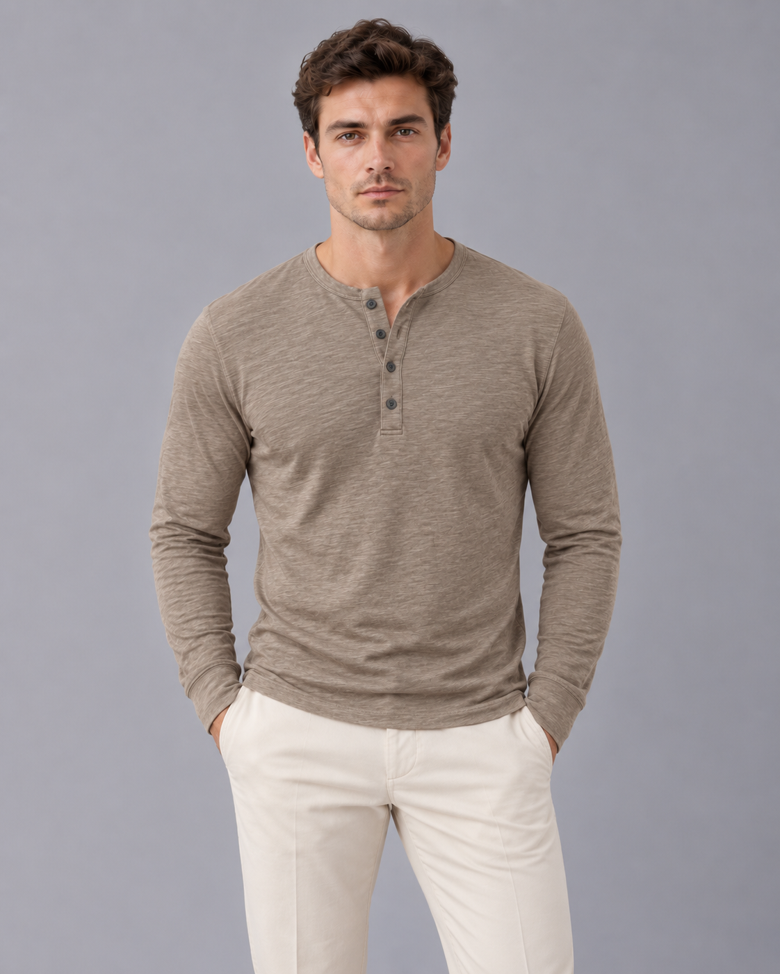 Men's Long Sleeve Henley Top in Cotton Blend – Slub Texture, Button Placket, Slim Fit