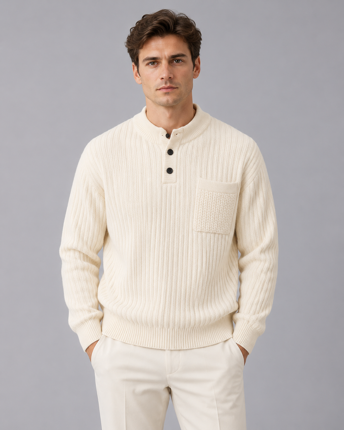 Men's Henley Jumper – Ribbed Knit with Button Neck and Chest Pocket, Relaxed Fit