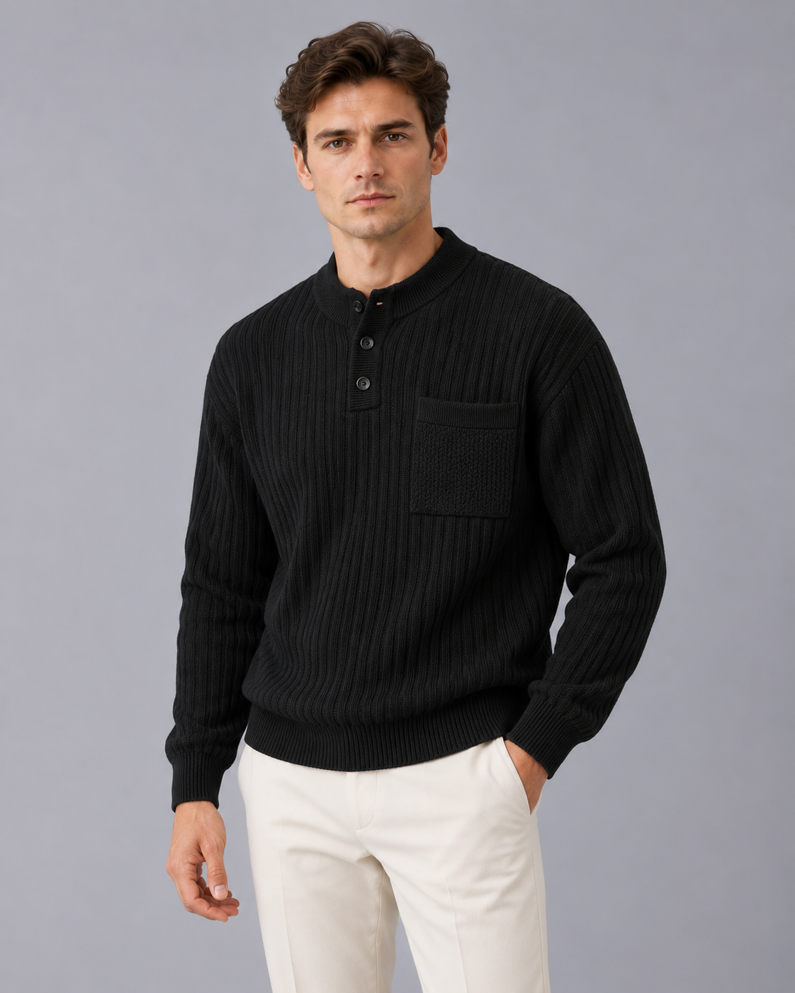 Men's Henley Jumper – Ribbed Knit with Button Neck and Chest Pocket, Relaxed Fit