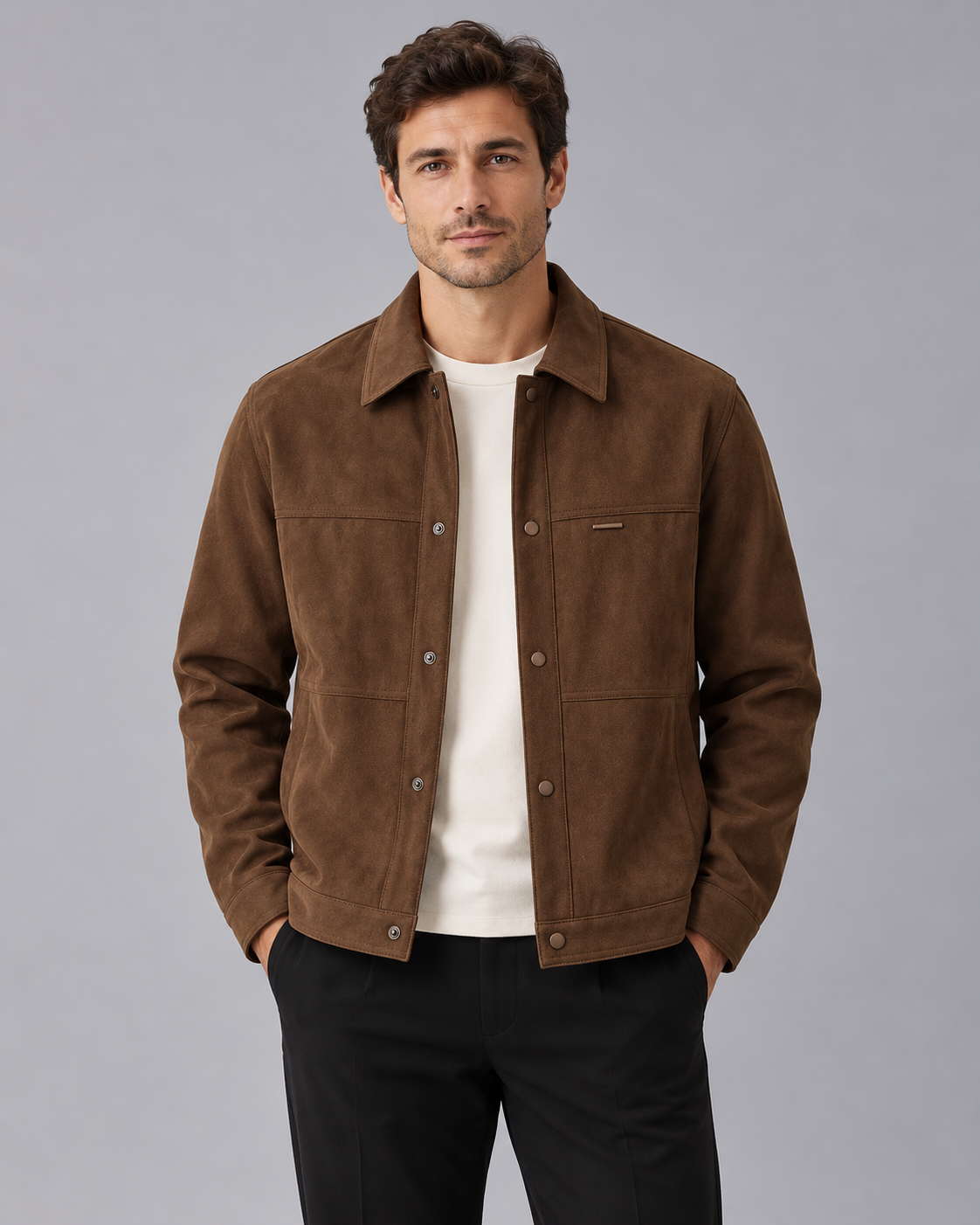 Men's Faux Suede Jacket with Collar – Short Button-Front Jacket with Yoke Seams, Relaxed Fit
