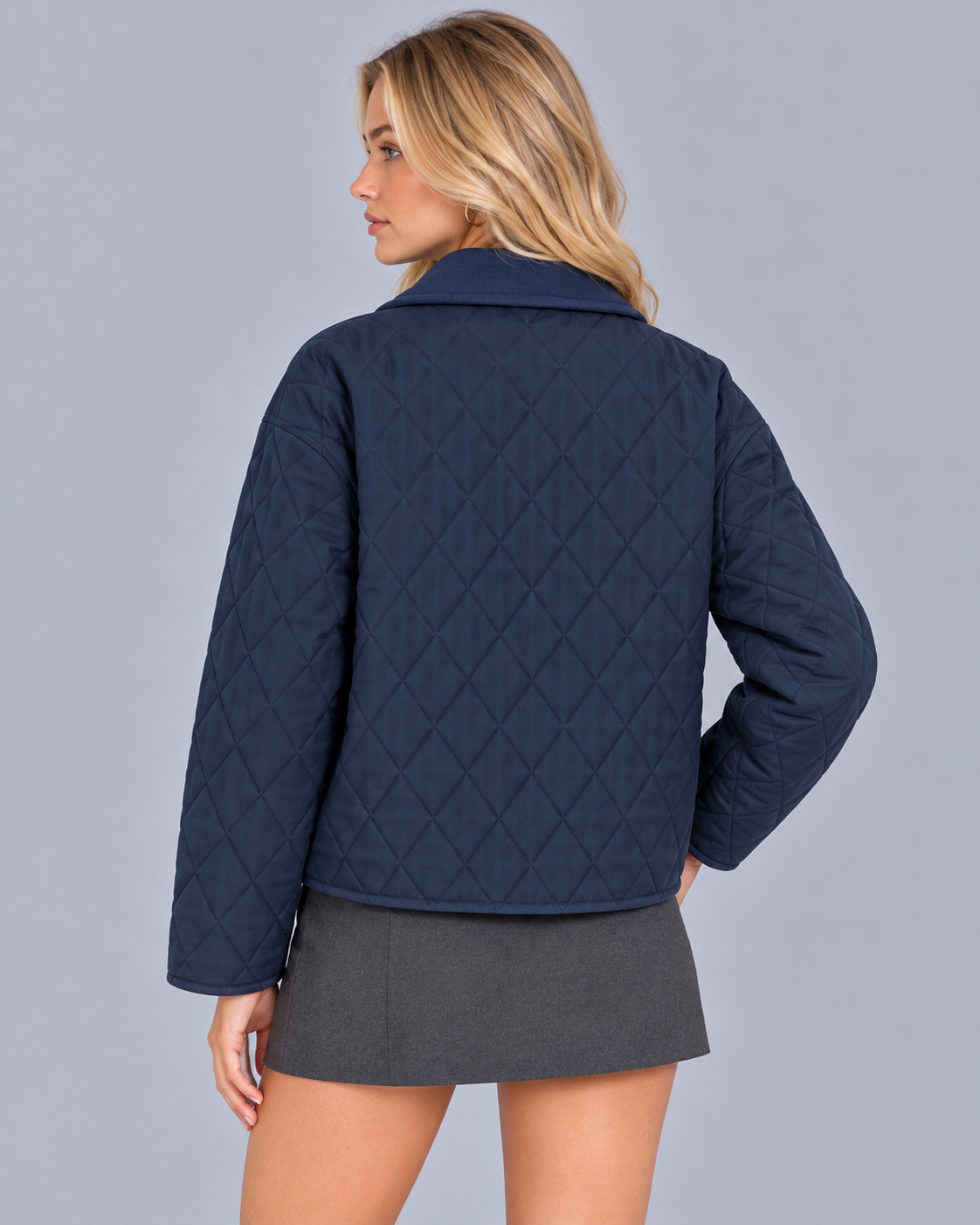 Women's Quilted Jacket with Collar – Lightweight Diamond Quilting, Snap Front, Straight Fit