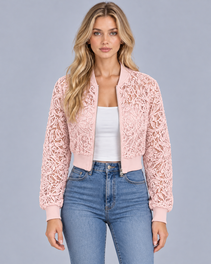 Women's Lace Bomber Jacket – Cropped, Openwork Lace, Full Zip, Ribbed Collar, Cuffs & Hem