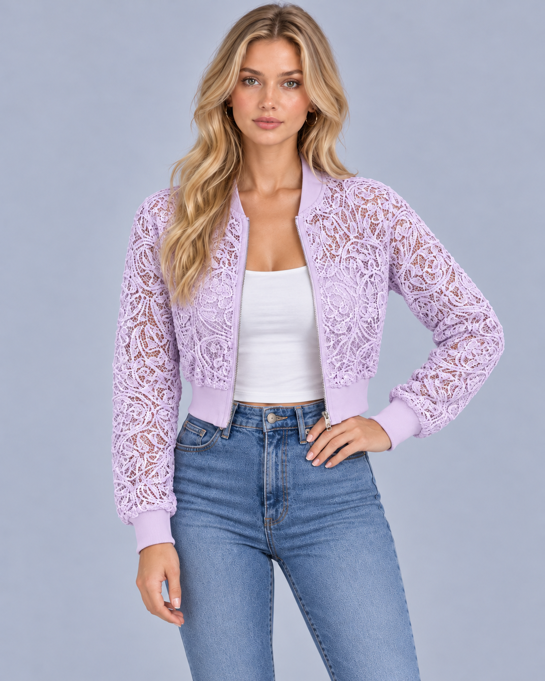 Women's Lace Bomber Jacket – Cropped, Openwork Lace, Full Zip, Ribbed Collar, Cuffs & Hem