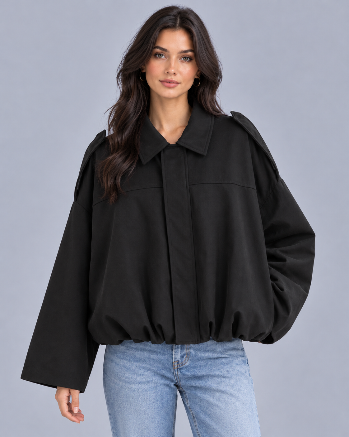 Women's Cropped Bomber Jacket – Oversized Fit, Pointed Collar, Concealed Zip & Gathered Hem