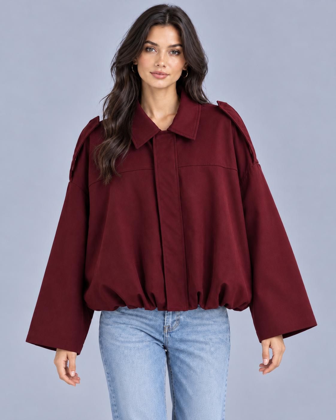 Women's Cropped Bomber Jacket – Oversized Fit, Pointed Collar, Concealed Zip & Gathered Hem