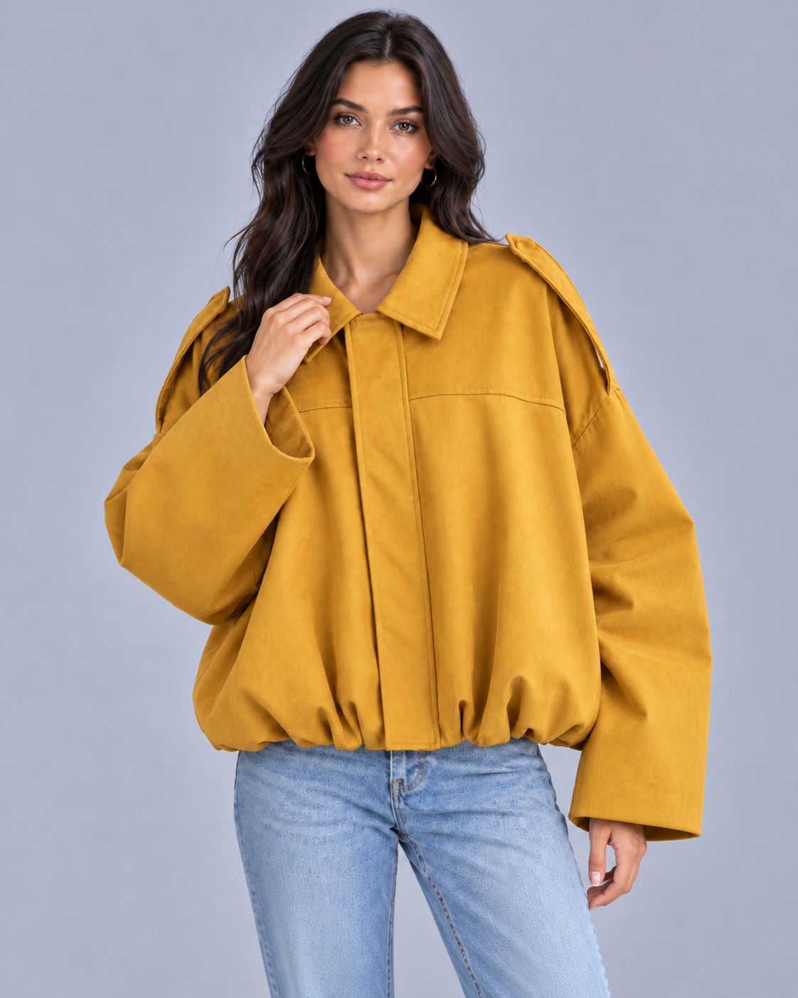 Women's Cropped Bomber Jacket – Oversized Fit, Pointed Collar, Concealed Zip & Gathered Hem