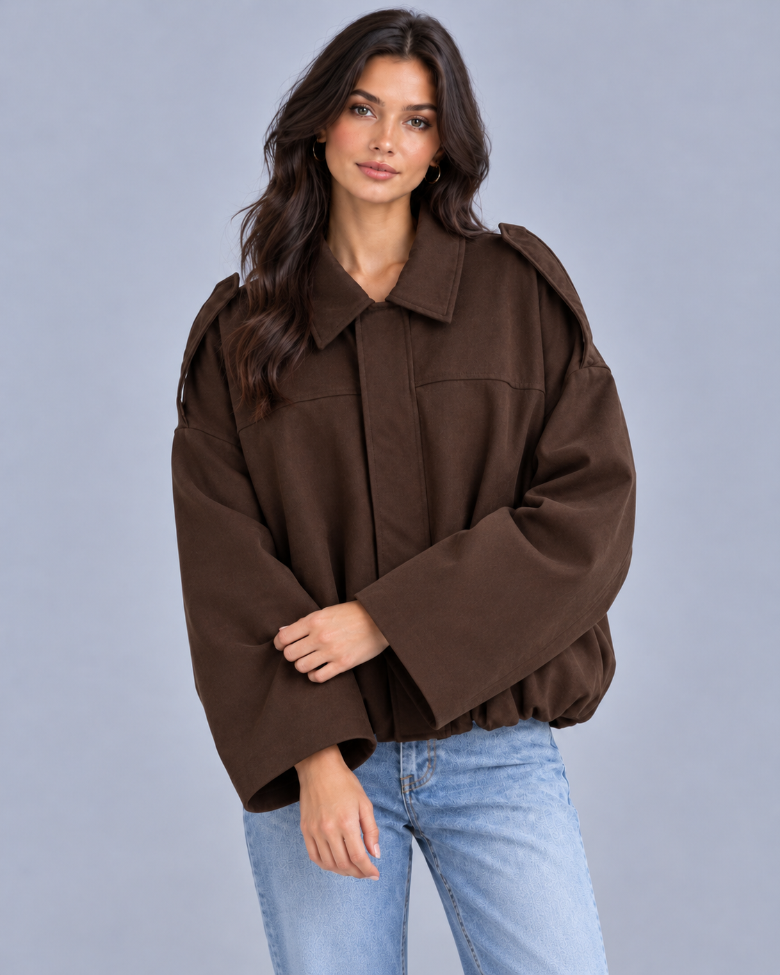 Women's Cropped Bomber Jacket – Oversized Fit, Pointed Collar, Concealed Zip & Gathered Hem
