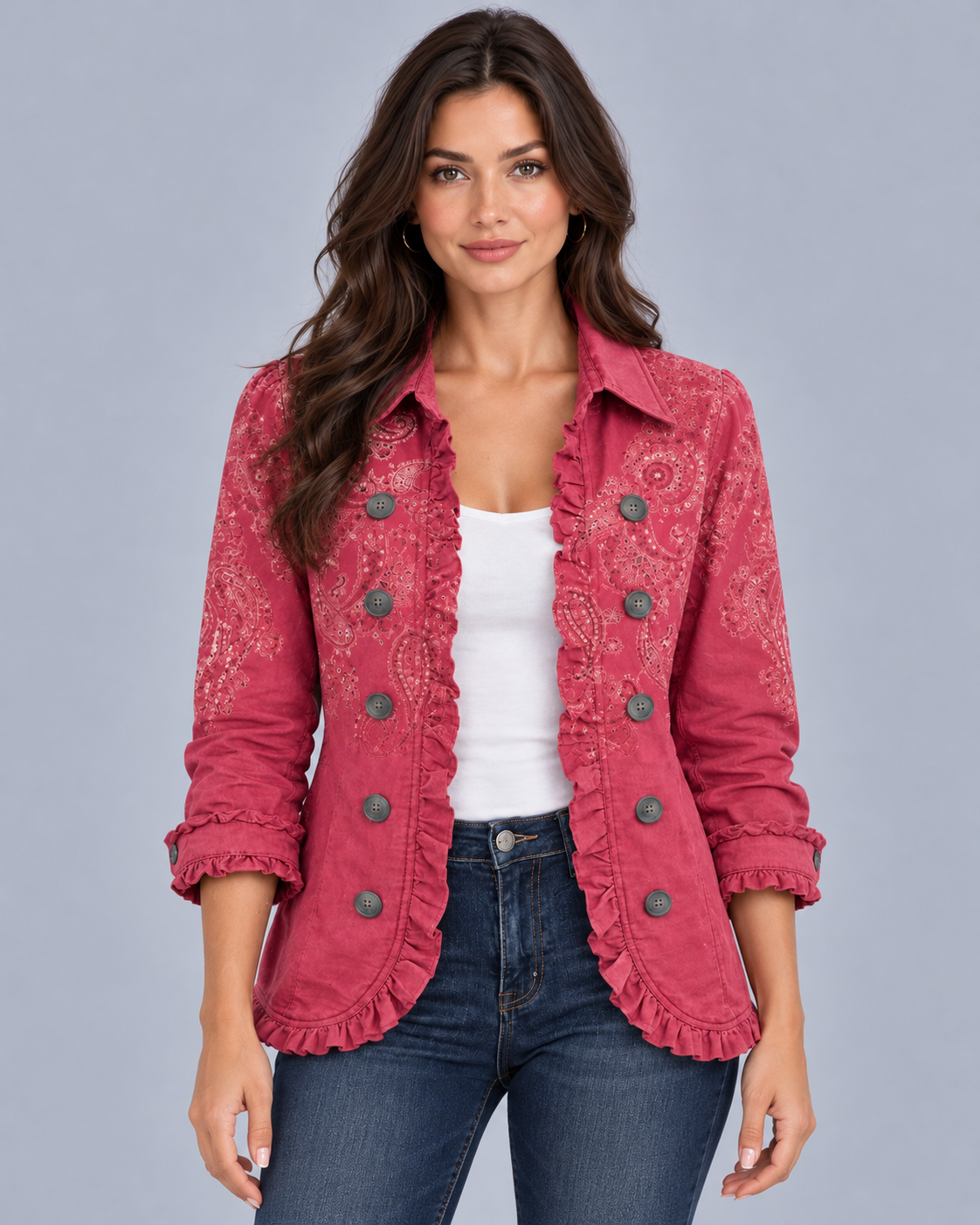 Women's Pink Paisley Jacket – Double-Breasted, Ruffle Trim, Pointed Collar, Hip Length