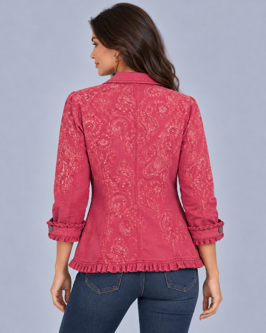 Women's Pink Paisley Jacket – Double-Breasted, Ruffle Trim, Pointed Collar, Hip Length