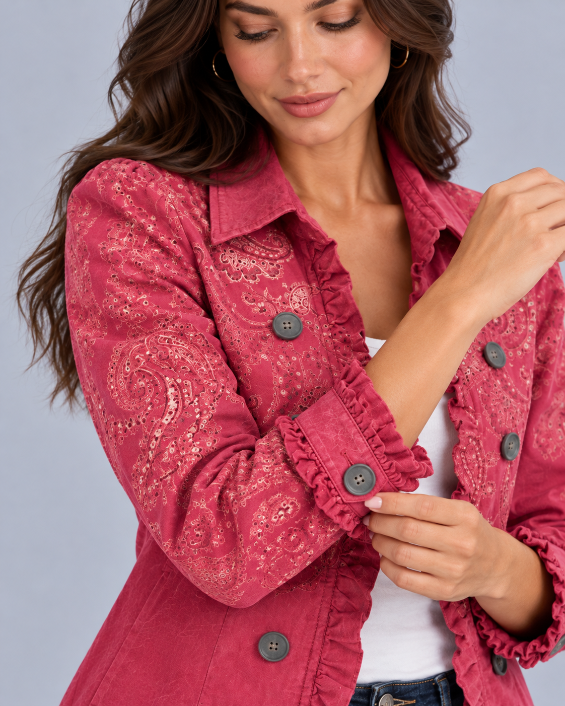 Women's Pink Paisley Jacket – Double-Breasted, Ruffle Trim, Pointed Collar, Hip Length
