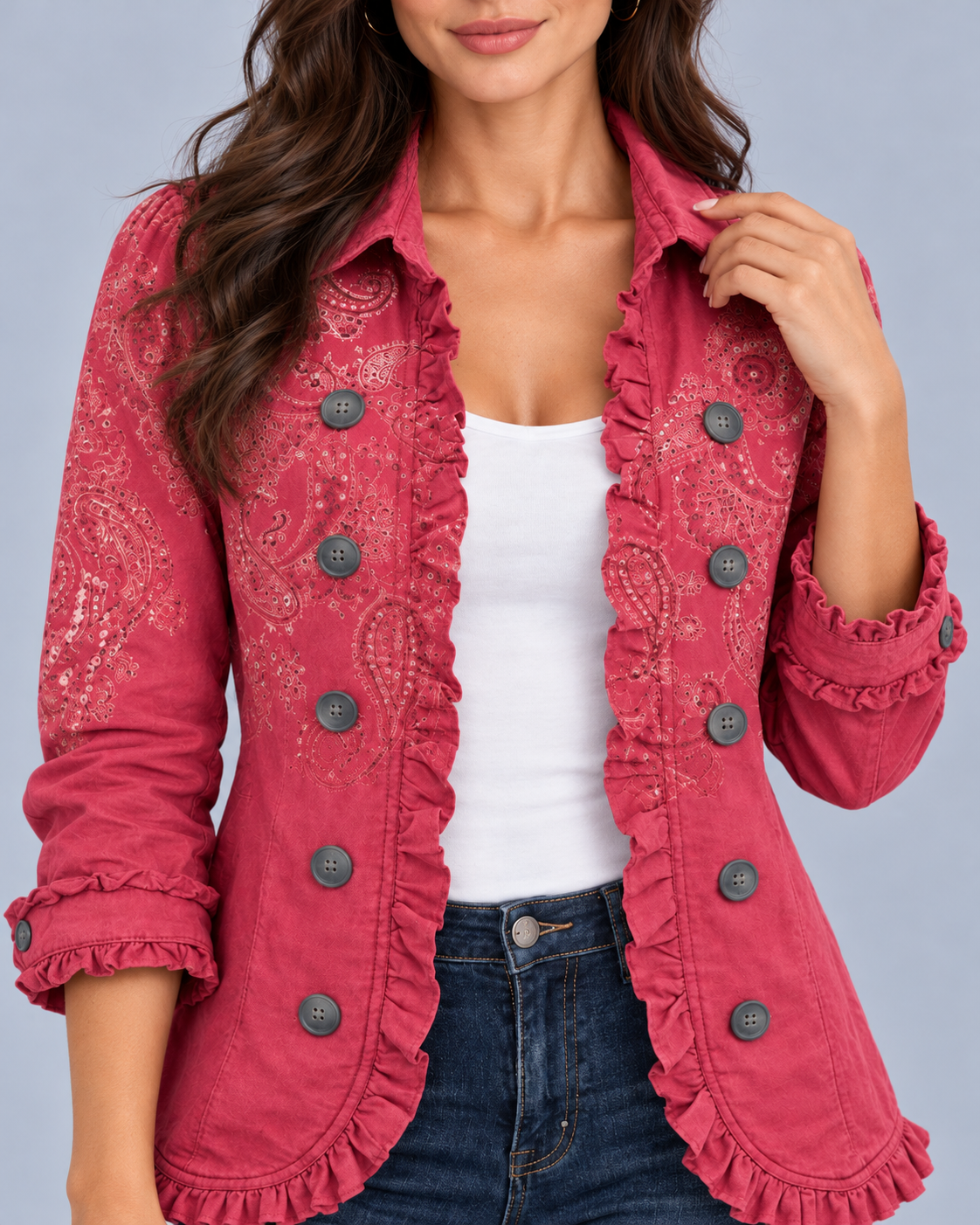 Women's Pink Paisley Jacket – Double-Breasted, Ruffle Trim, Pointed Collar, Hip Length
